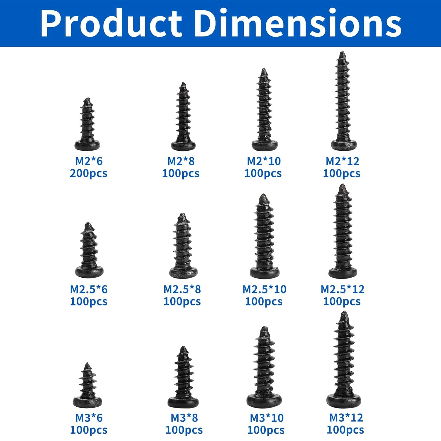 1300 Pcs Wood Screws Assortment Kit, M2 M2.5 M3 Small Phillips Pan Head Self Tap