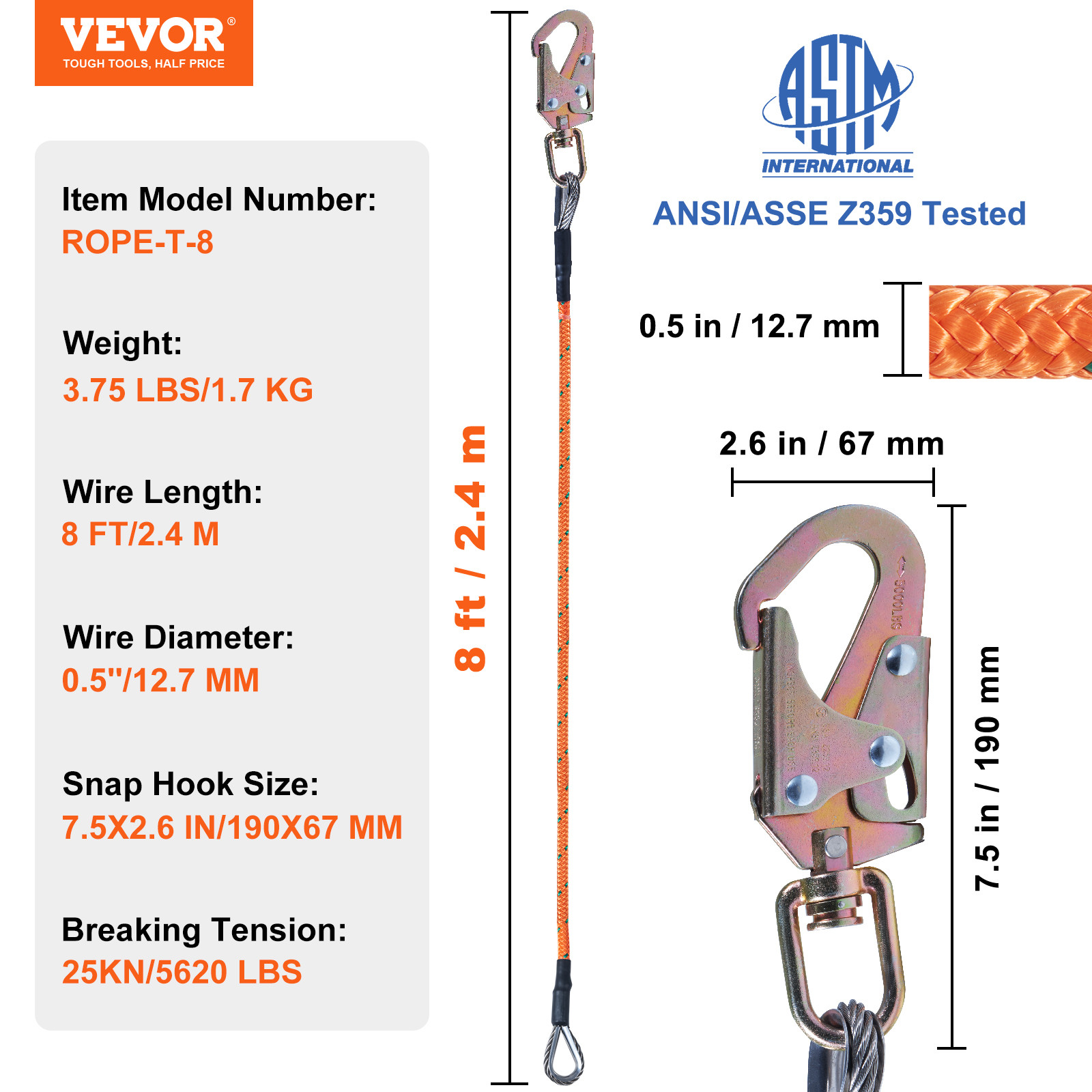VEVOR Steel Core flipline 1/2″ x 8′ Arborist Flipline for Tree Climbing
