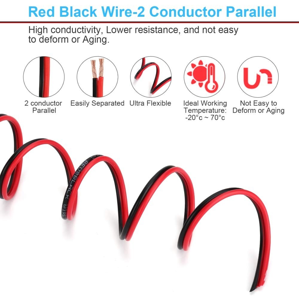 100FT 14/2 Gauge Red Black Cable Hookup Electrical Wire, 14AWG 2 Conductor 2 Col