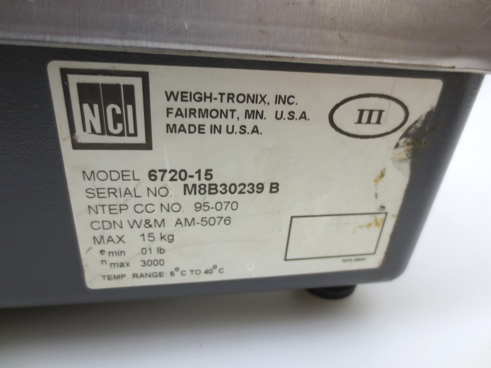 NCI Weigh-Tronix 6720-15 15 kg, 30 x 0.01 lbs 120 VAC 30lbs Bench Digital Scale