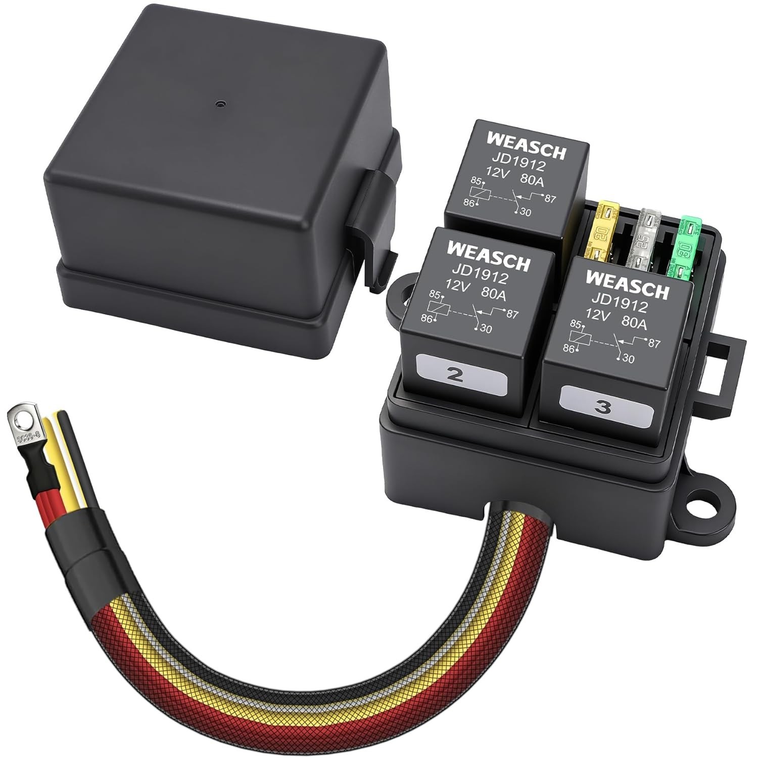 12V 3 Way Pre-Wired Fuse Relay Box, 4-Pin 80A Relay Block and Kit, 3 Relays a…