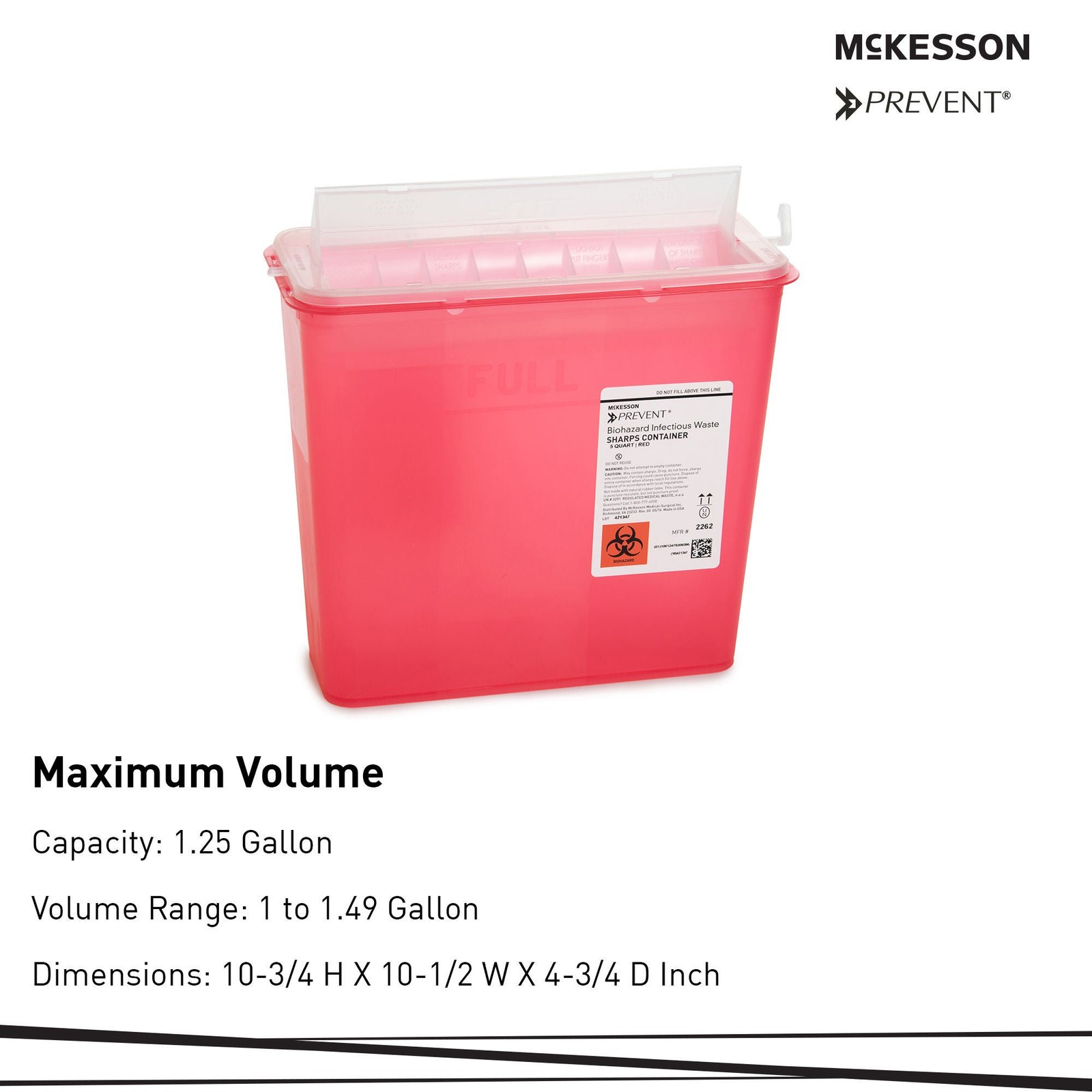 McKesson Prevent Sharps Container 5 Quart 10.75″Hx10.5″Wx4.75″D 2262 1 Each