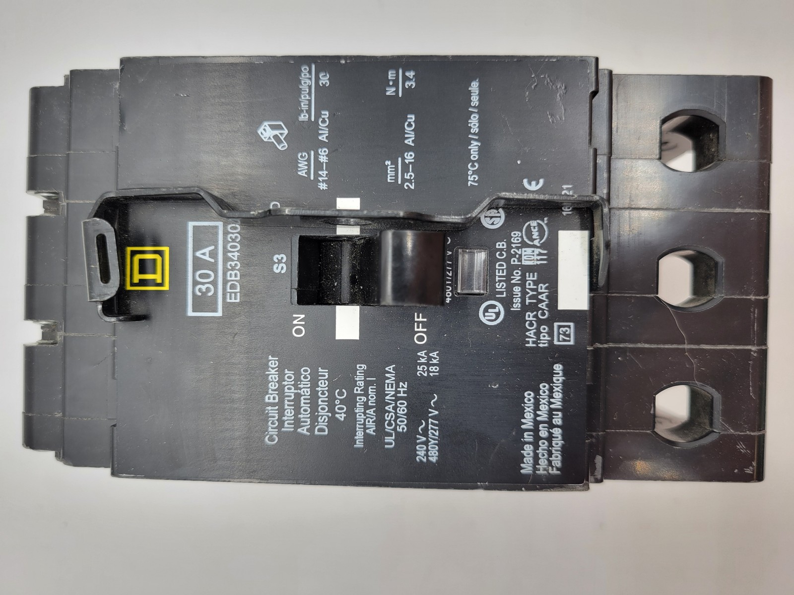 Square D EDB34035 Bolt On Circuit Breaker 35 Amp 480 Volt 3 Pole w/ lockout