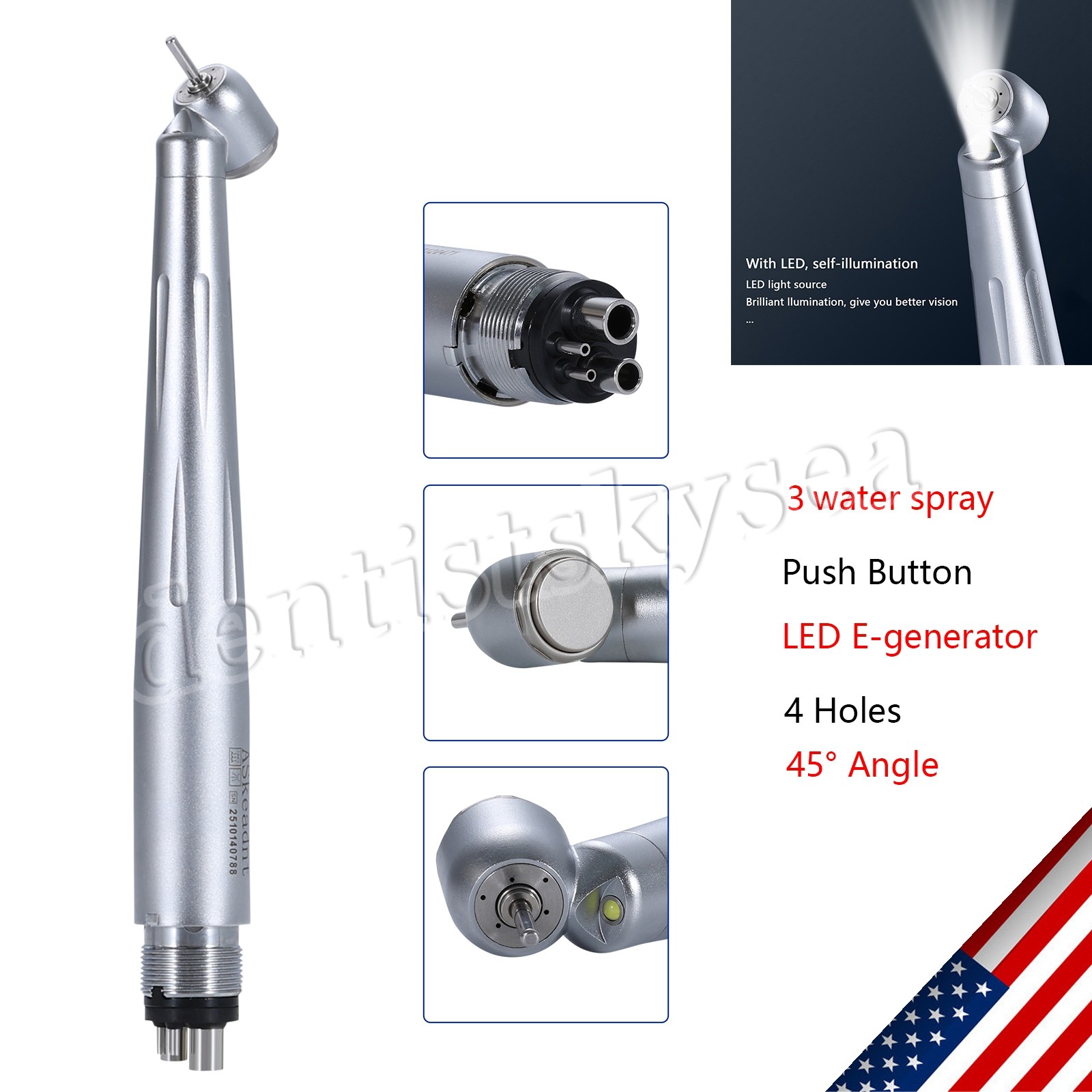 Dental 45 Degree LED/NO-LED High Speed Handpiece Ceramic Bearing 3Spray 4Holes