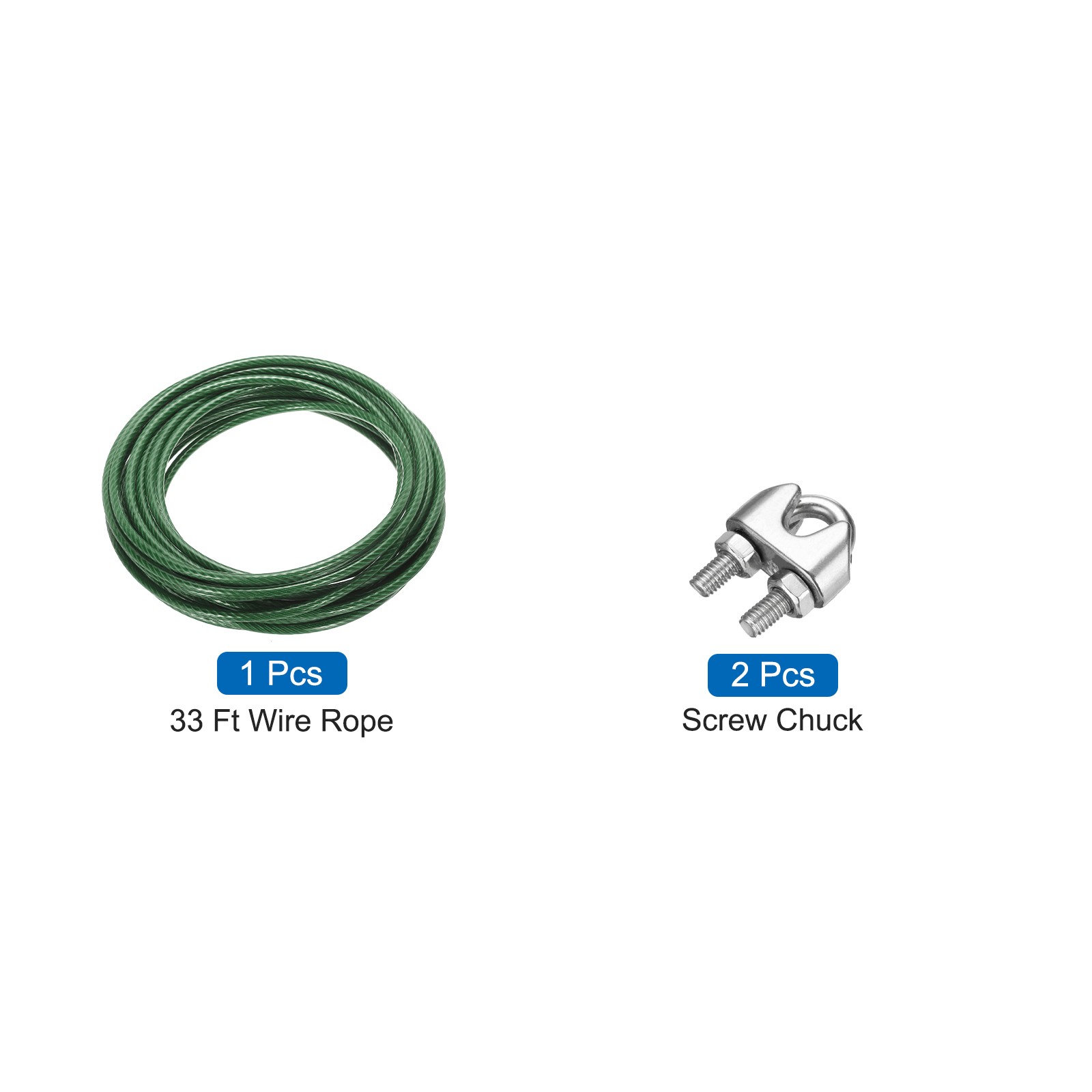 33Ft(10M) Wire Rope 304 Stainless Steel 1/4″ (6 mm) with 2pcs Chuck Green