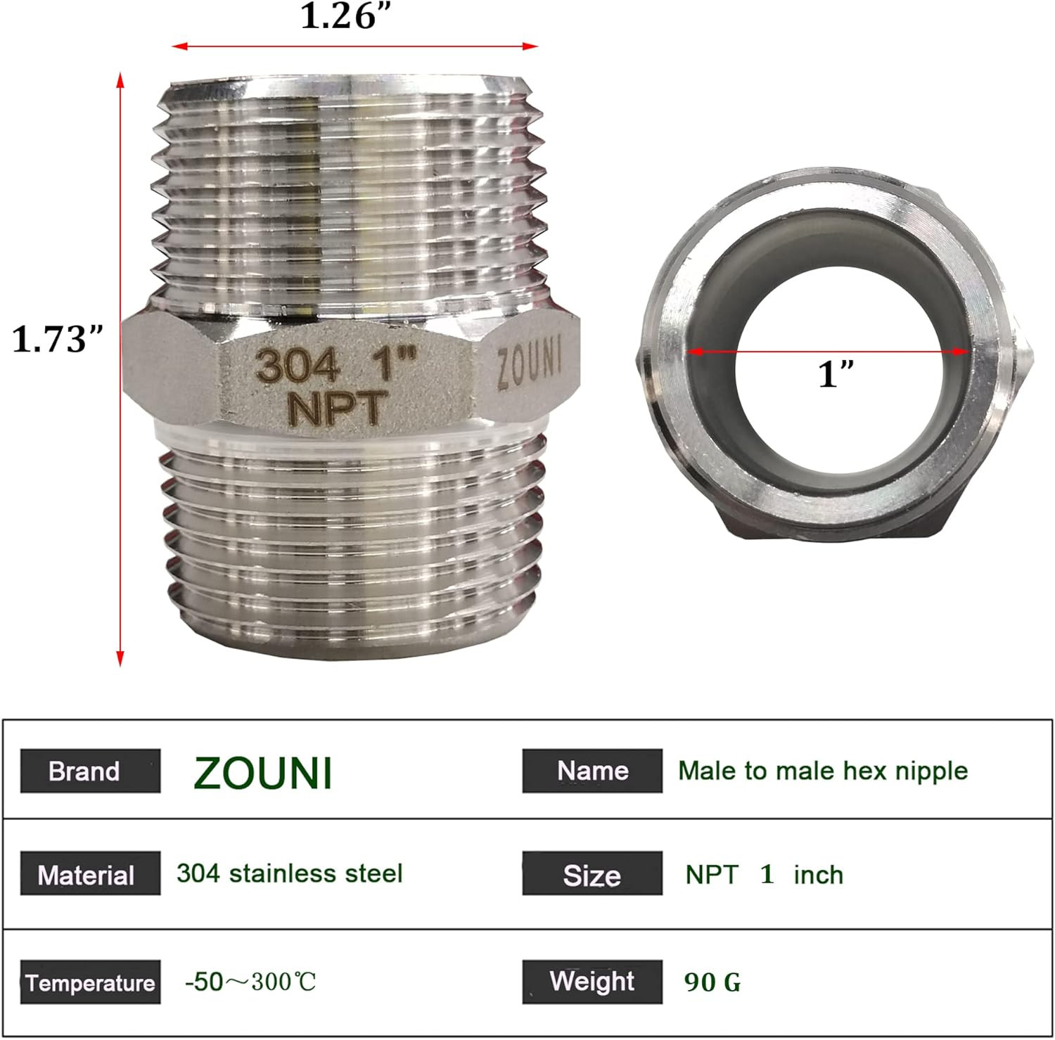 4PCS Hex Nipple 1″ X 1″ Male Pipe Fittings, 304 Stainless Steel 1 Inch NPT Male