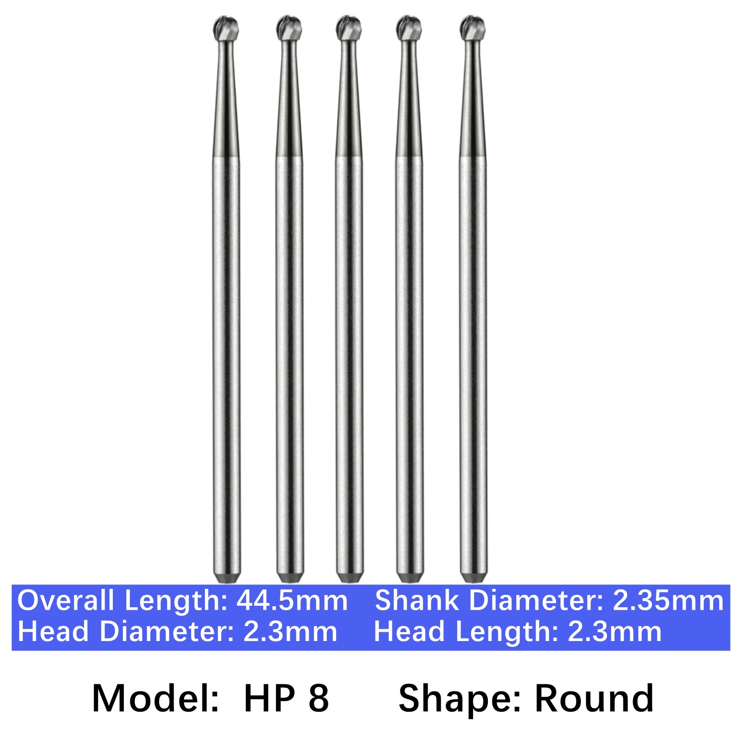 Vakker Dental HP 8 Carbide Burs Round For Straight Handpiece 2.35mm Shank 5pc/pk