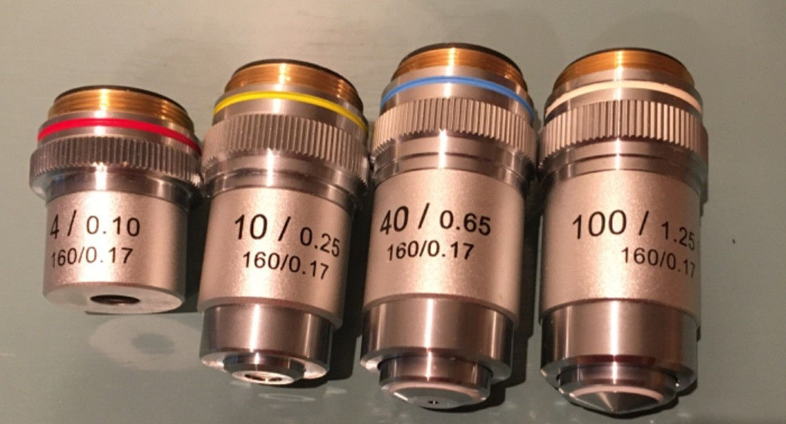 AmScope Achromatic Objectives : 4X, 10X, 40X, 100X Lot of 4 pcs – DIN std