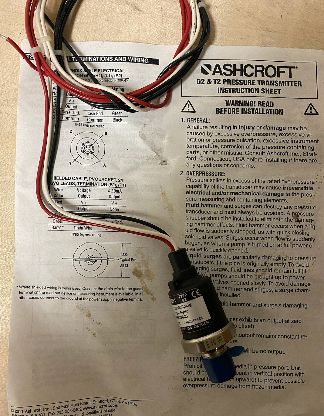 Ashcroft G2 Pressure Transducer 0-3000 PSI 0-5VDC Out IP67 Rated G17M0242EW3000