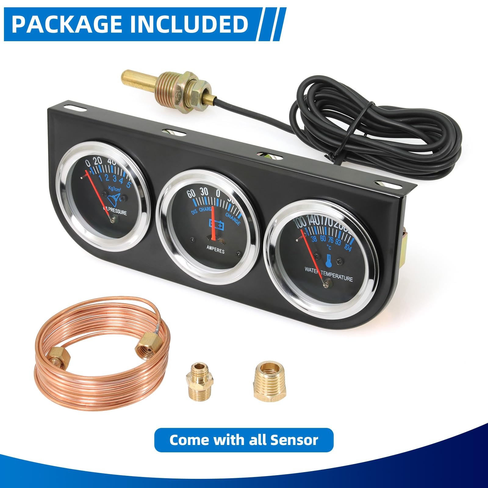 2inch 52mm Triple Gauge Set, Oil Pressure Gauge Water Temp Temperature Ammete…