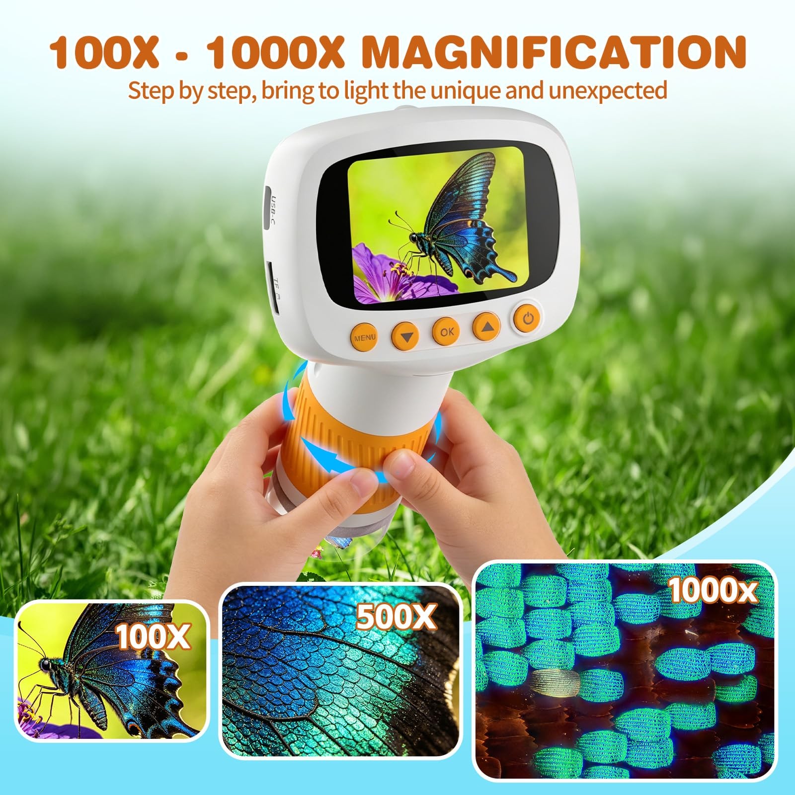 Pocket Kids Microscope for Over 3 Years Old, 1000X Handheld orange