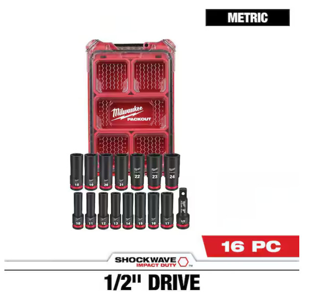 New Milwaukee Tool 49-66-6803 1/2 In Drive Socket Set Metric 16 Pieces