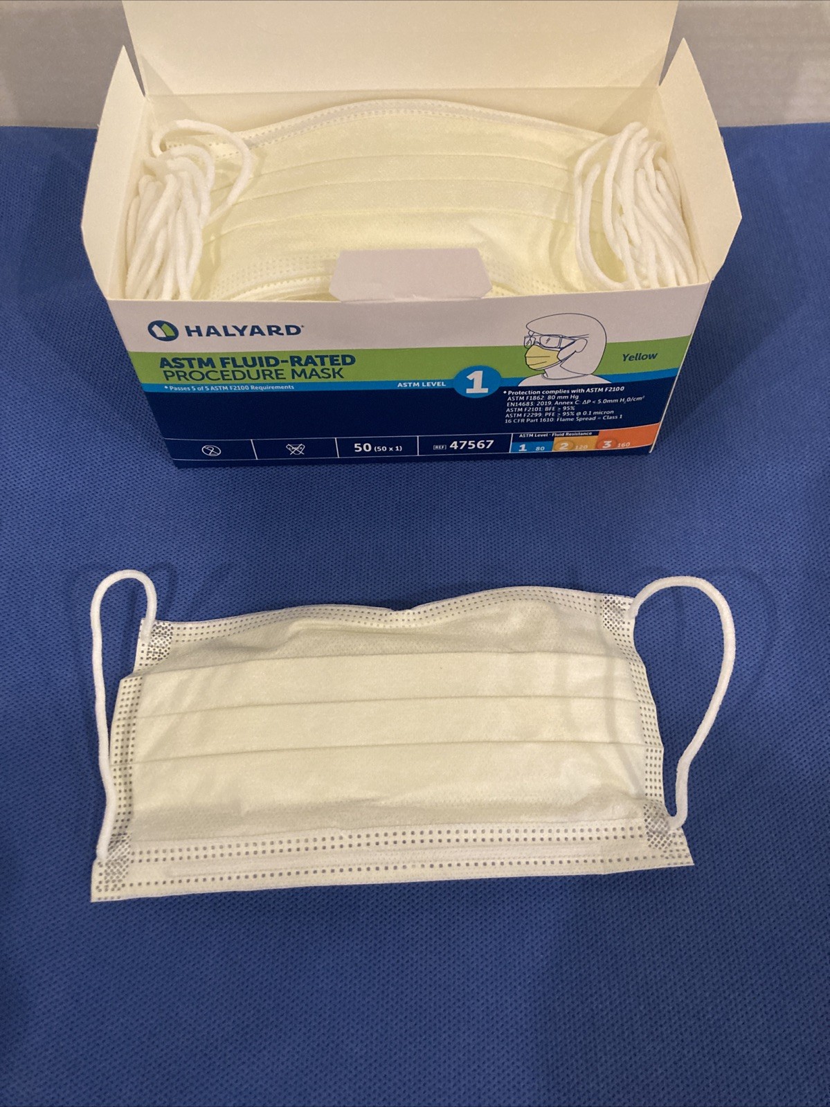 HALYARD 47567 Level 1 Disposable Procedure Mask, Earloops, Yellow, 50 Count Lot