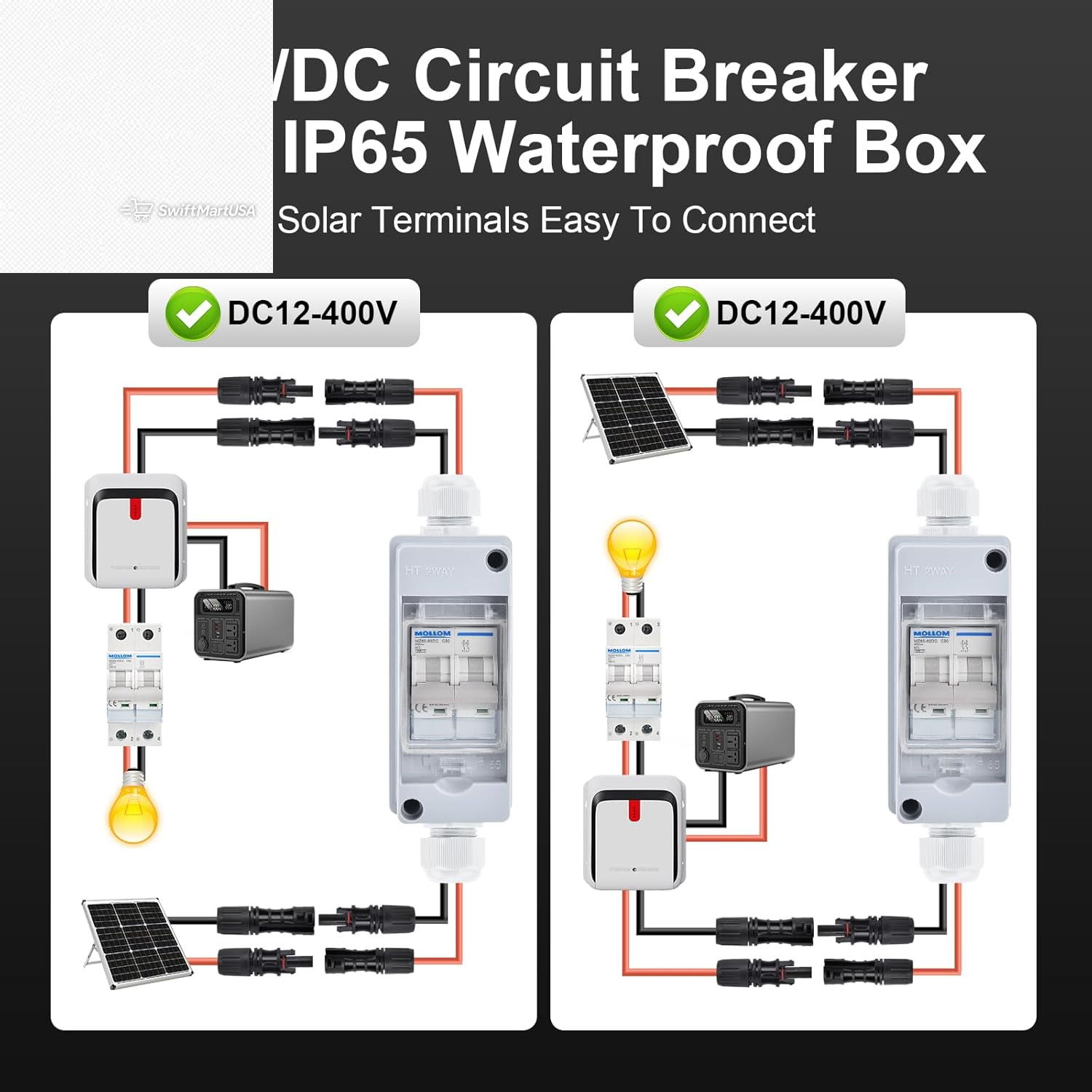 1000V 30A DC Solar Disconnect Switch 2P Circuit Breaker Box Waterproof IP65 PV