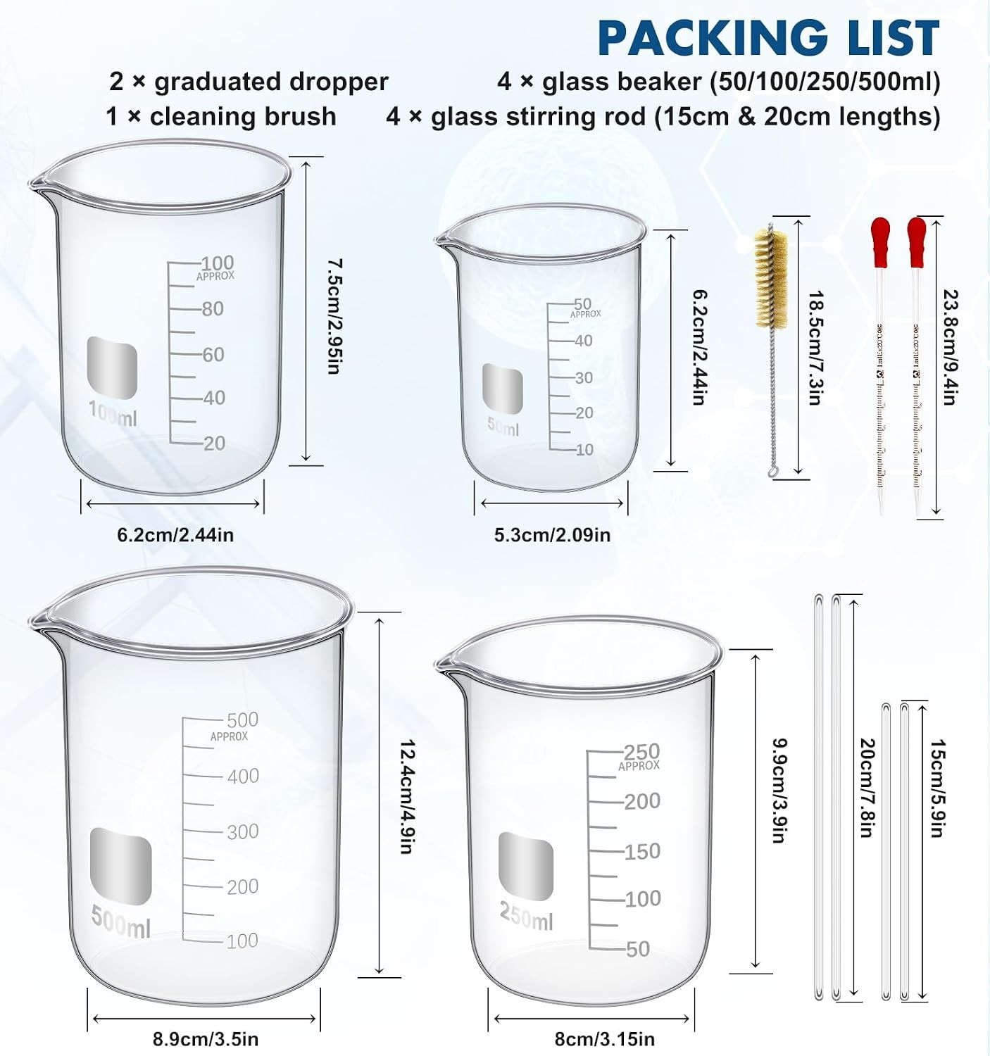 Set of 19 Laboratory Glassware Set Science Lab Chemistry Beaker 50/100/250/500ML