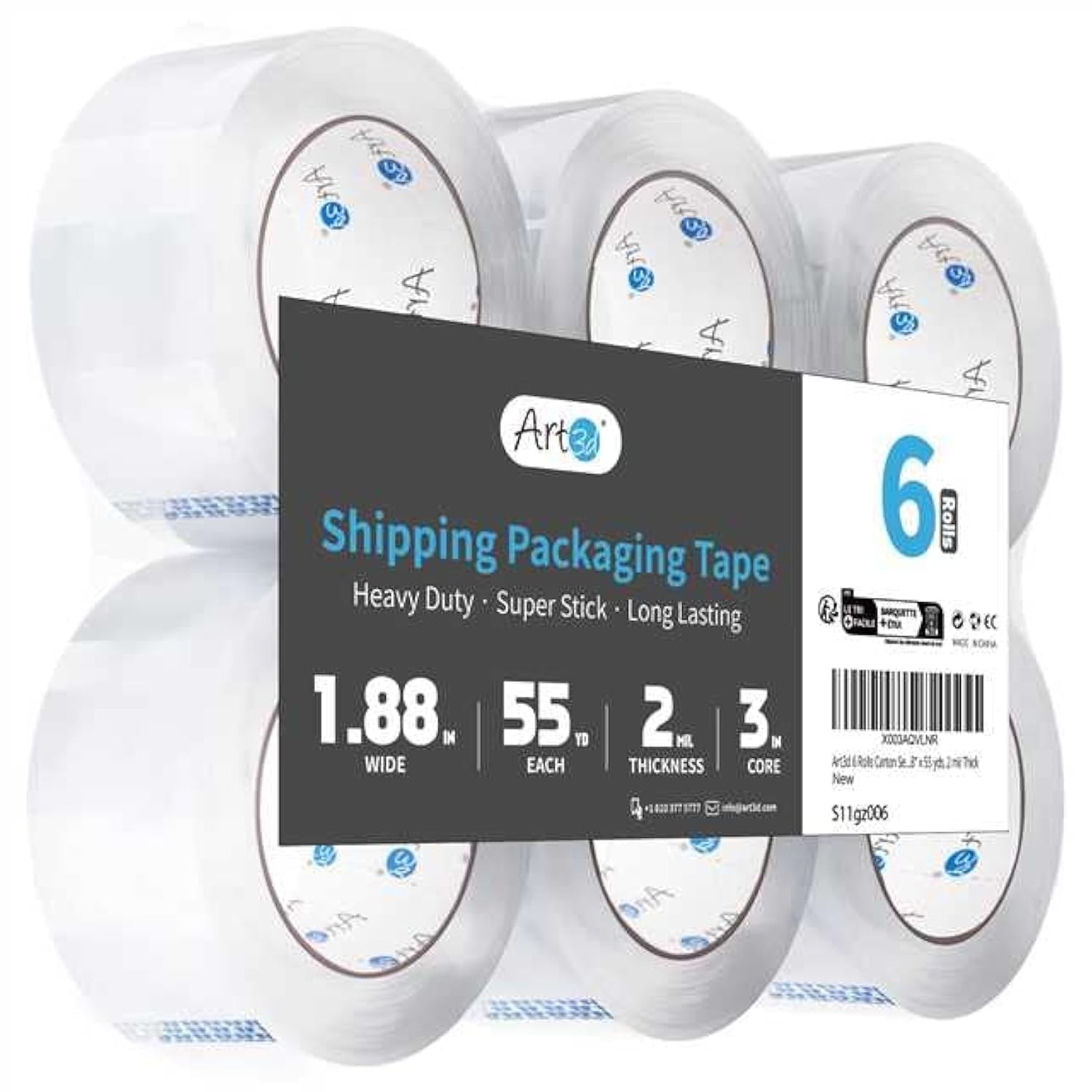 «6 Rolls Heavy Duty Carton Sealing Tape, Clear Packing Tape, 1.88» x 55 Yds, 2 M