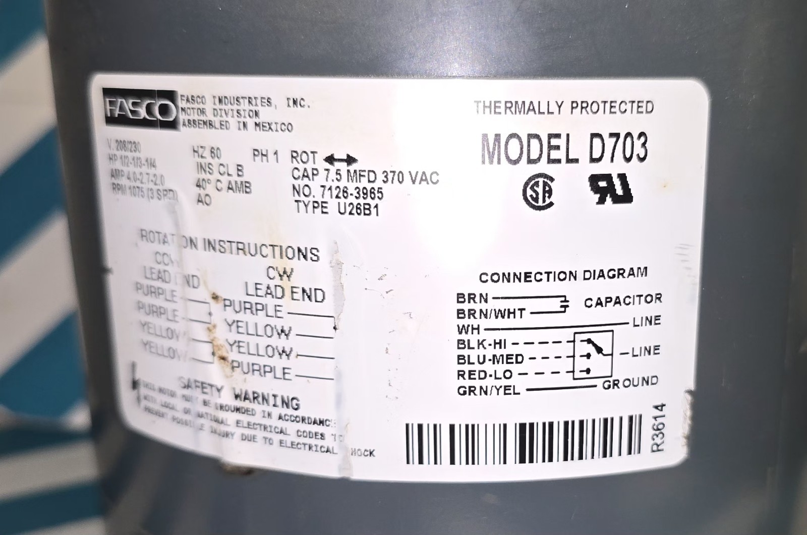 Direct Drive Blower Motor D703 FASCO 1075 RPM 1/2 HP TIPE U26B1. TESTED