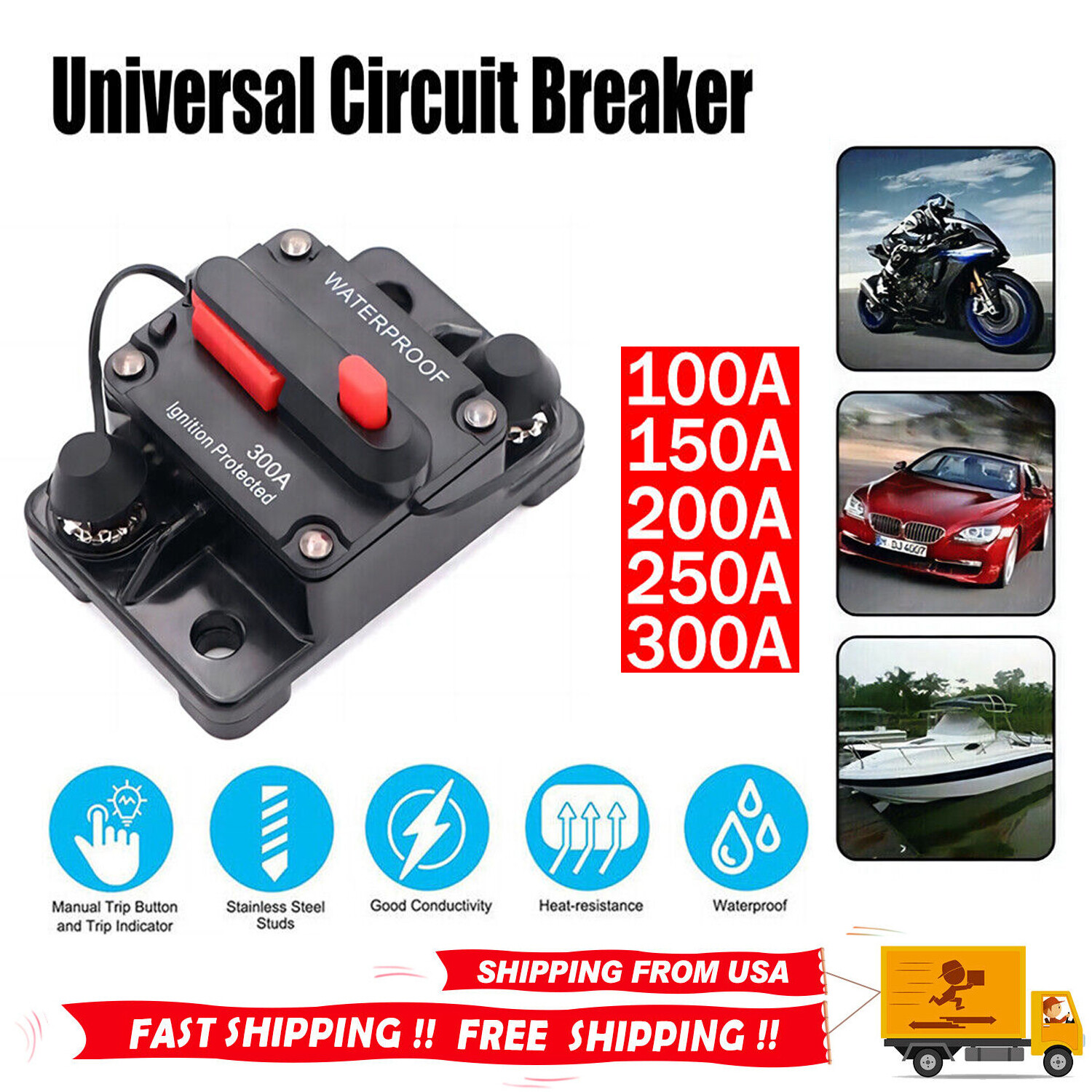 Waterproof Car Circuit Breaker Fuse Reset 30-300 Amp 12V-24V DC Car Boat Auto