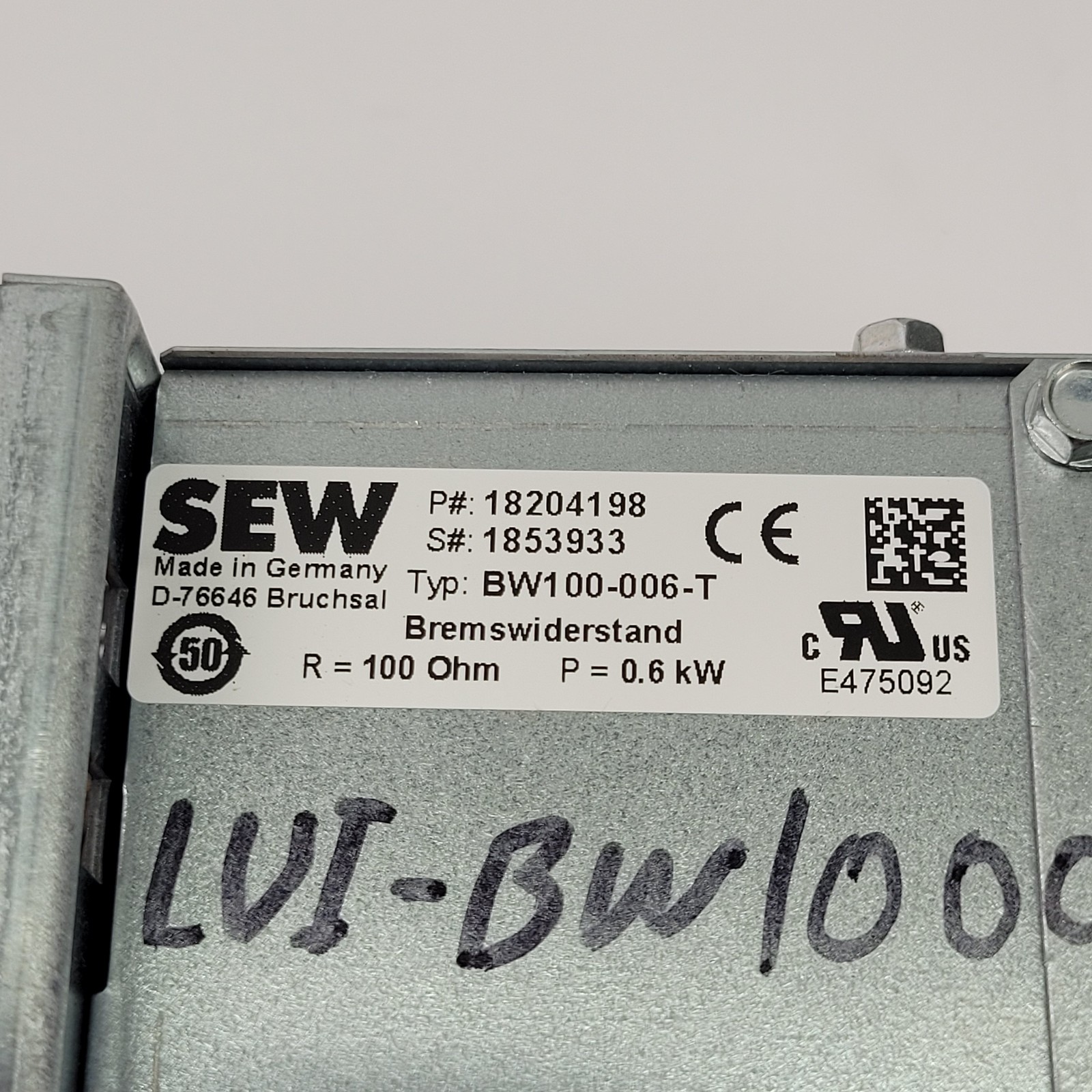 SEW EURODRIVE 18204198 Brake Resistor, 100Ohm, 0.6kW Cont., 6.7kW Peak, 2.4A