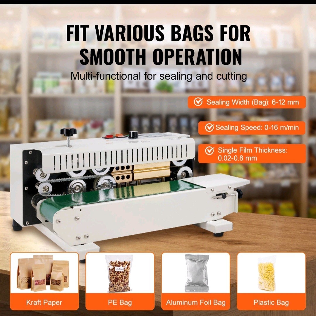 Vevor Continuous Bag Sealing Machine Horizontal Carbon Steel .02-.8mm Bag Films