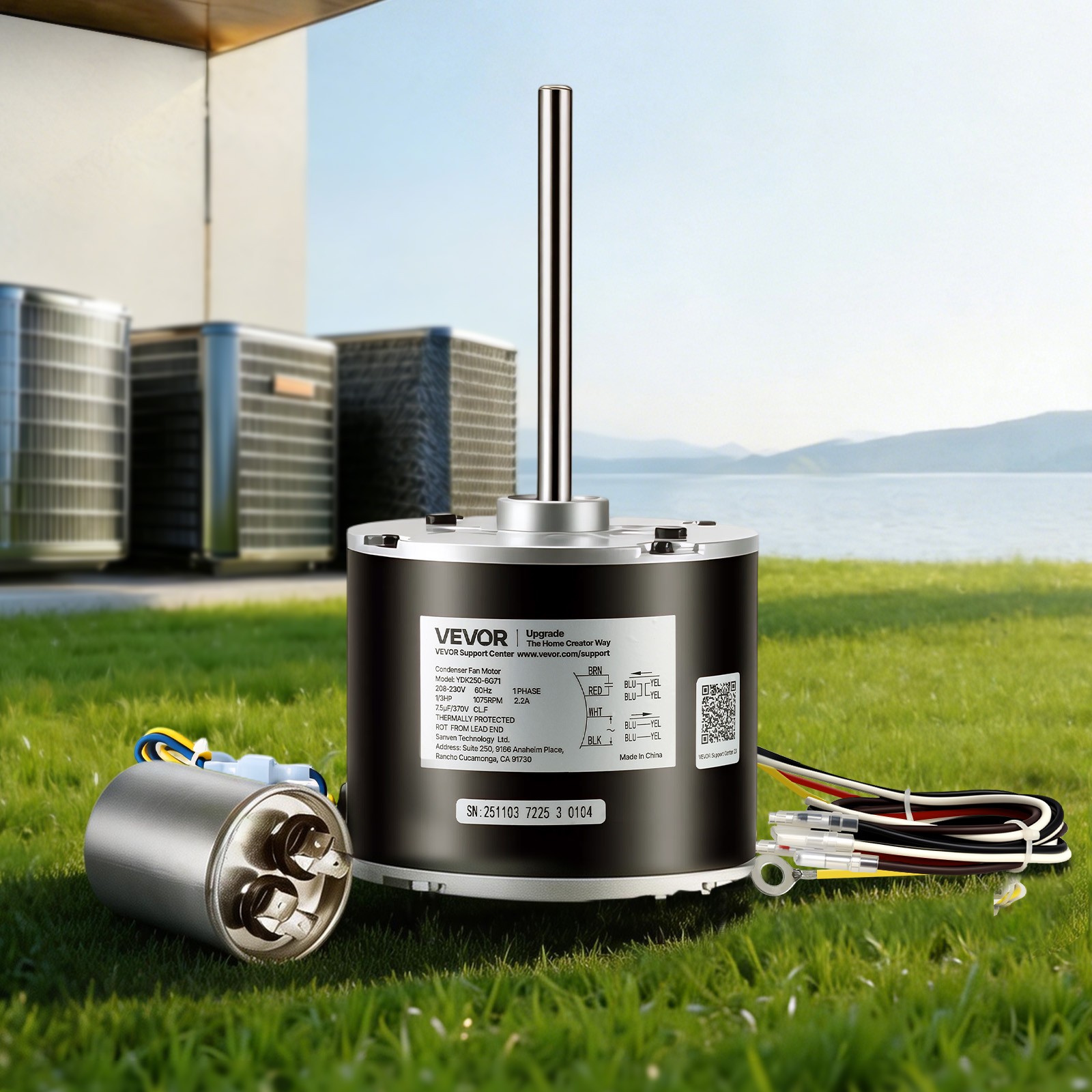 VEVOR Condenser Fan Motor with Capacitor 1/3HP 1075RPM 208-230V CW/CCW Rotation