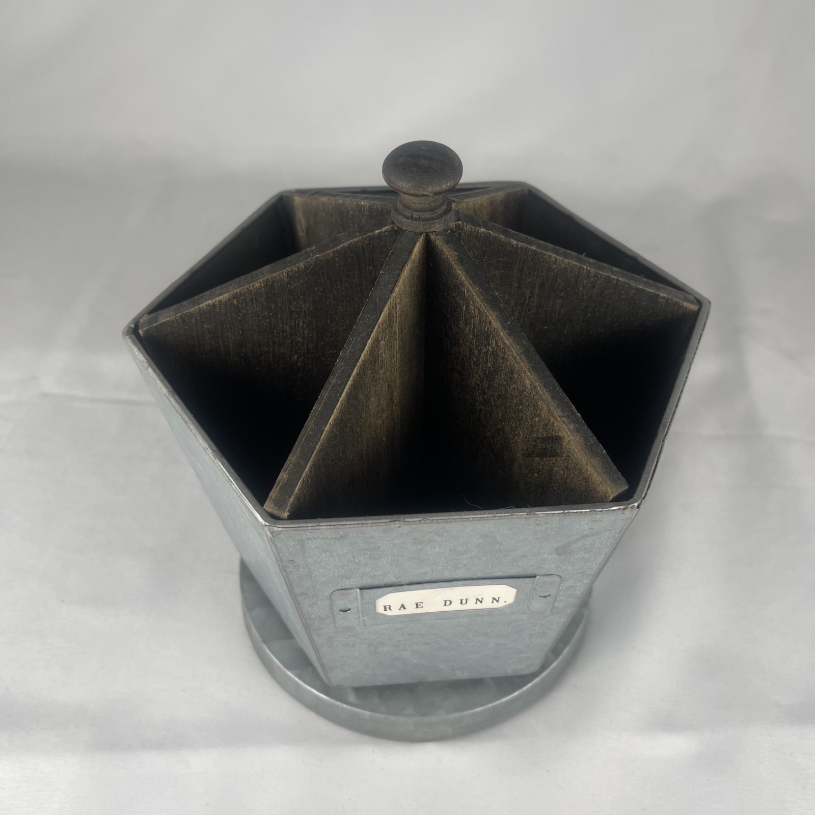 Rae Dunn Galvanized Steel & Wood Metal Rotating Spinning Rustic Desk Organizer