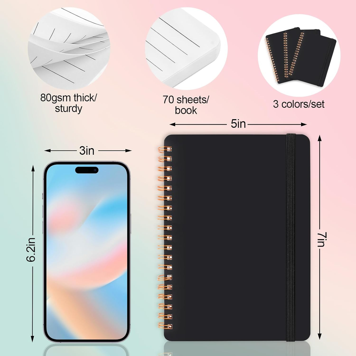 3 PCS Small Spiral Notebook 5×7, Notebooks for Note Taking, Black Spiral Journal