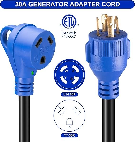 4 Prong 30 Amp: RV Generator Adapter Cord- NEMA L14-30P to TT-30R (12″)