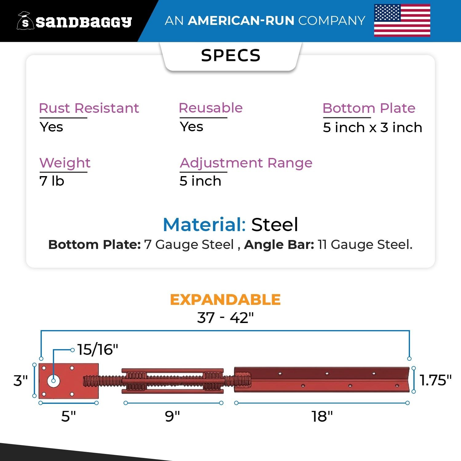 Sandbaggy Adjustable Concrete Turnbuckle Form Aligner with 5″ x 3″ Bent Plate