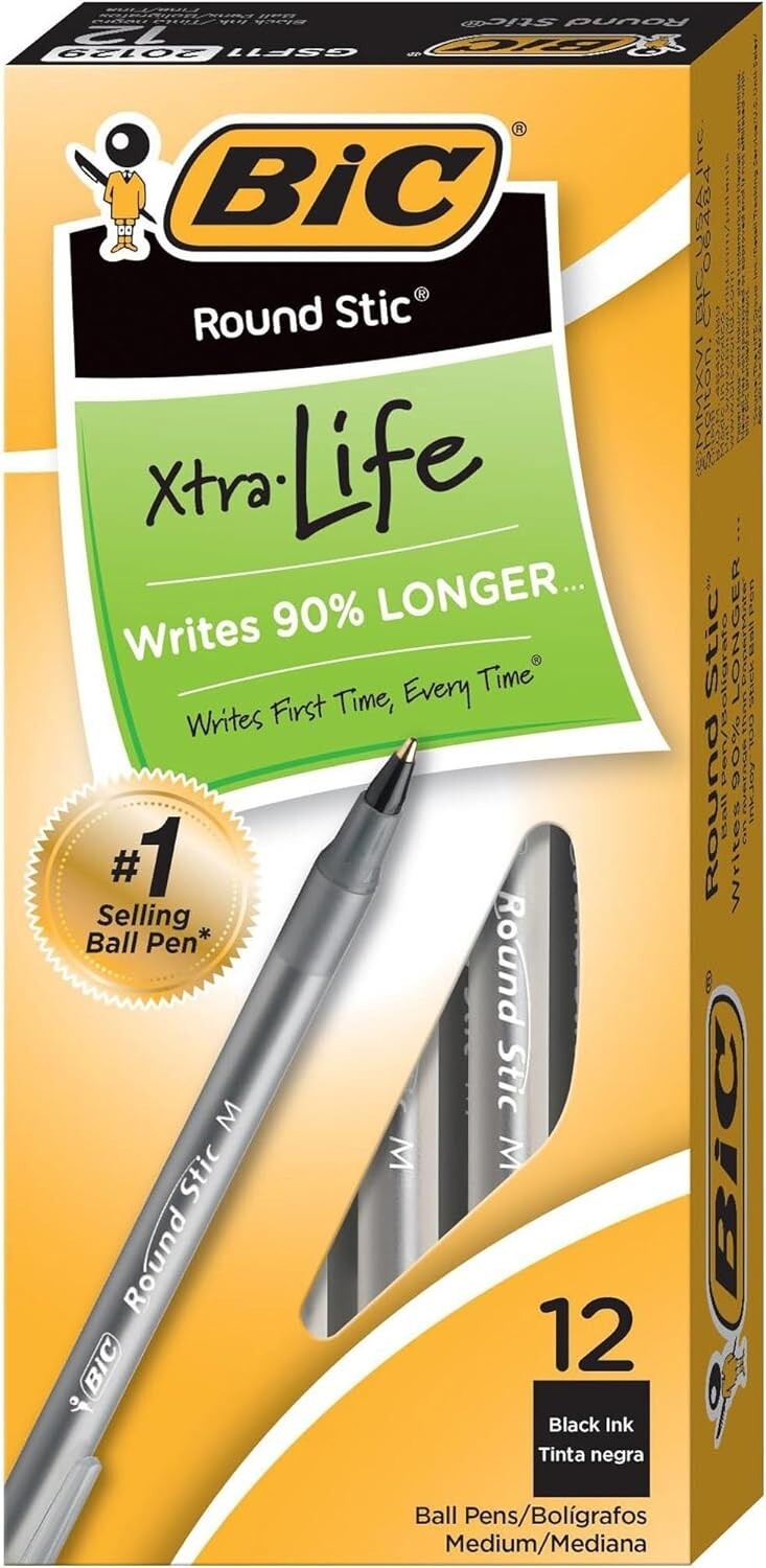 BIC Round Stic Xtra Life Black Ballpoint Pen Medium Point (1.0mm), 12-Count