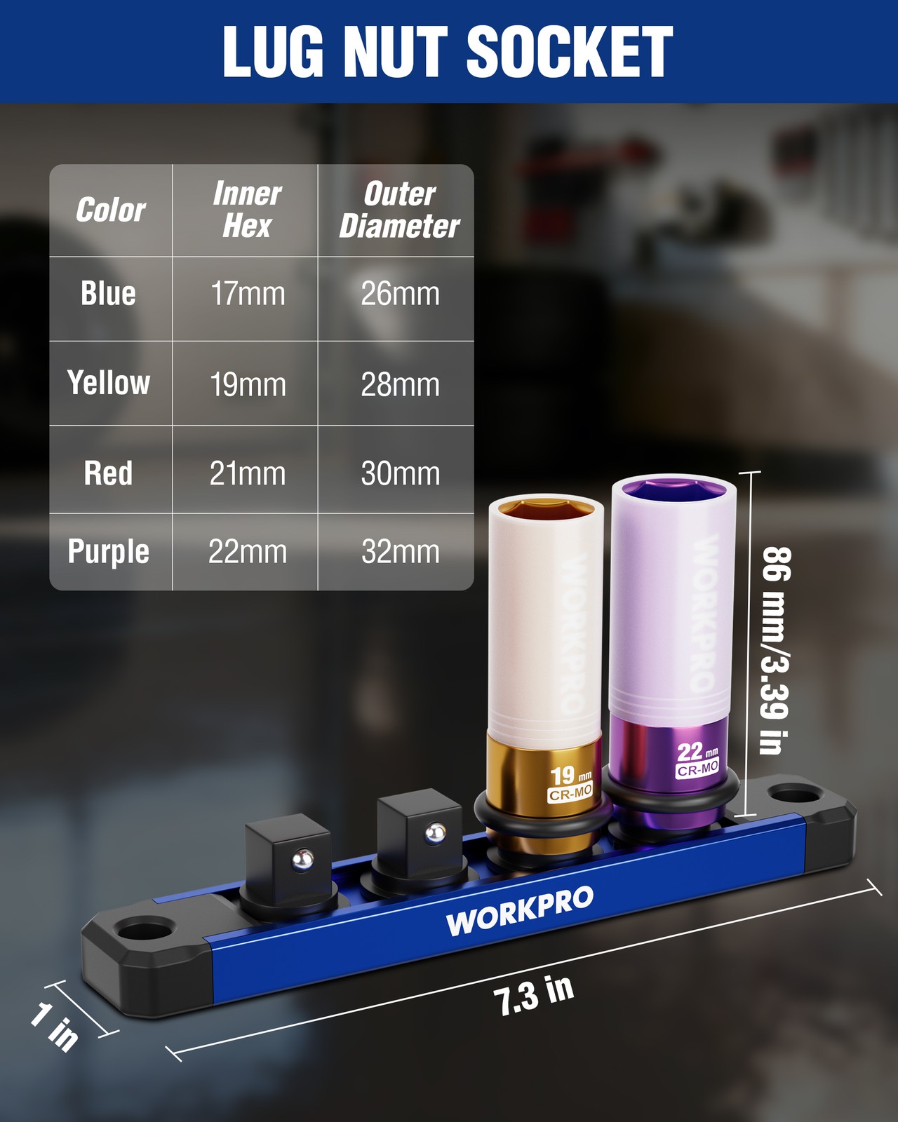 WORKPRO 4 Pcs 1/2″ Drive Lug Nut Impact Duty Socket Set 17-19-21-22mm Deep Thin