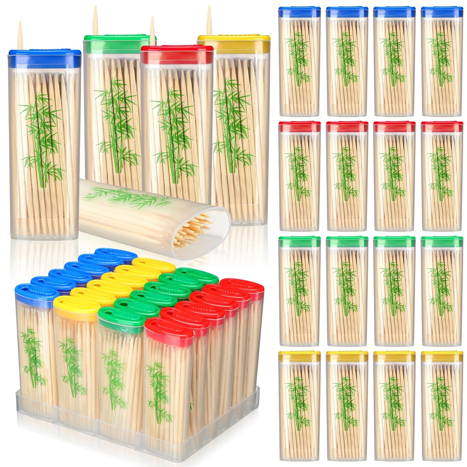 48 Packs Bamboo Toothpicks Dispenser with Reusable Holder – Travel Storage, 2400