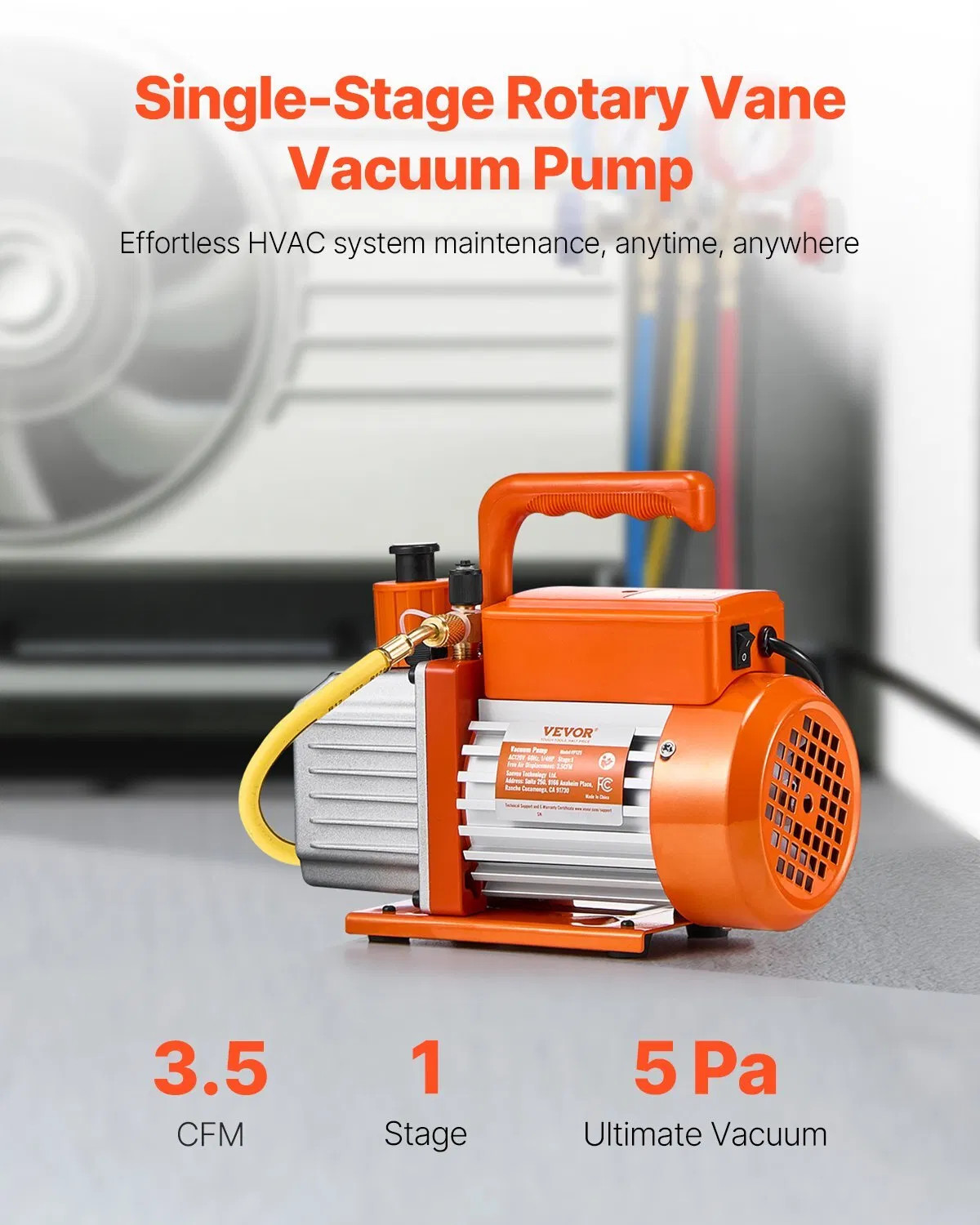 Vacuum Pump, 3.5 CFM, HVAC Single Stage Rotary Vane Vacuum Pump, for R134a R22 R