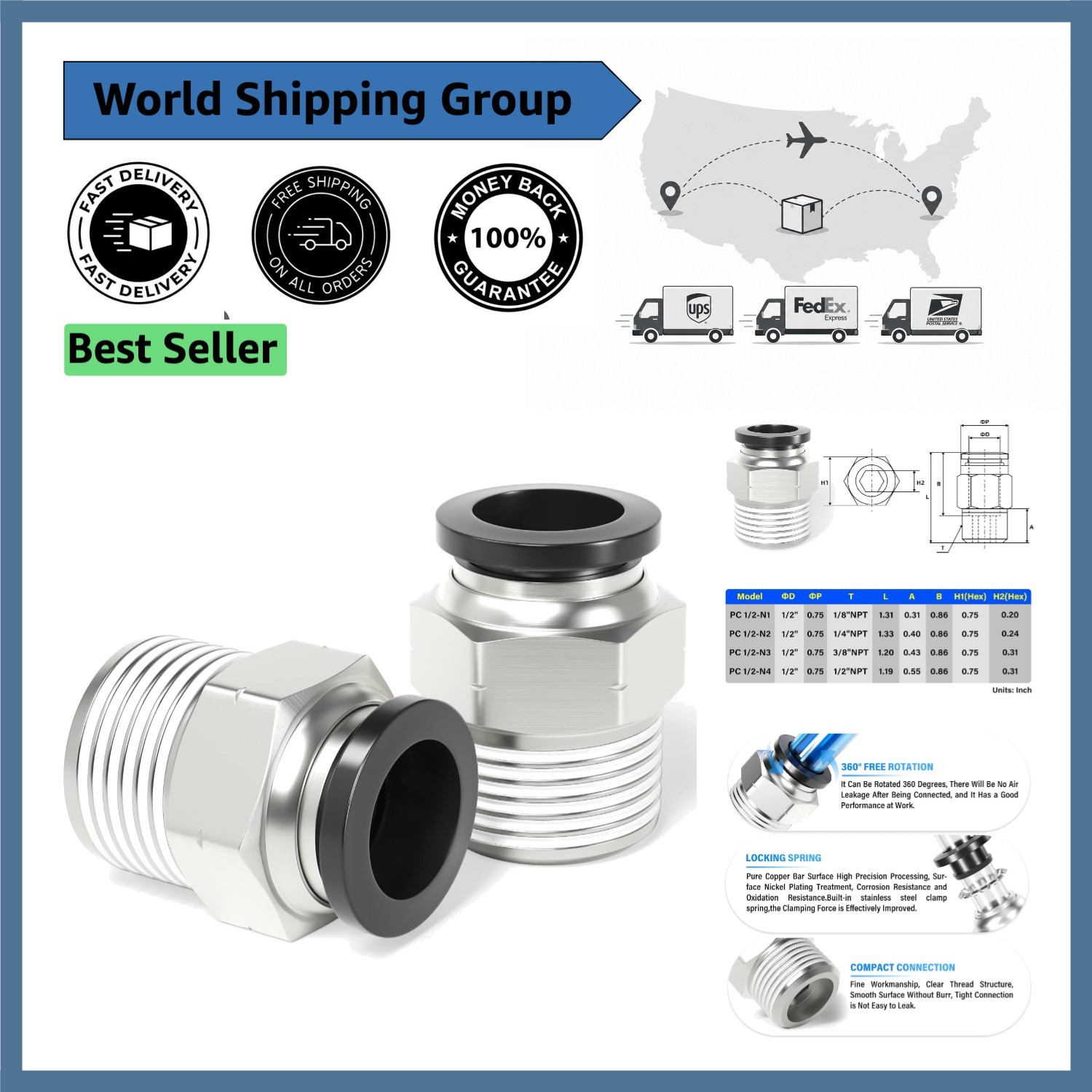 Copper & Plastic Push Fittings – 1/2 Inch OD x NPT Thread – Convenient 2-Pack
