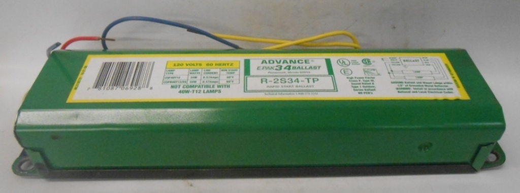 ADVANCE TRANSFORMER CO, E-PAK 34 BALLAST, R-2S34-TP, 120 VOLTS, 60 HZ, 34 WATTS