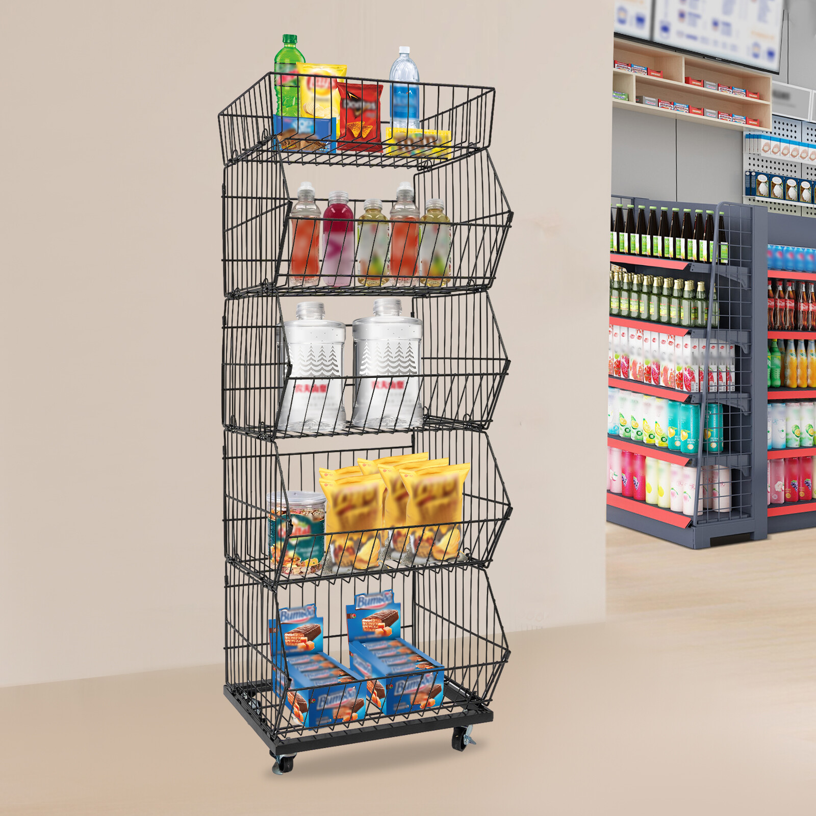 5 Tier Wire Grid Retail Display Shelf Merchandise Display Rack Stand W/ Wheels