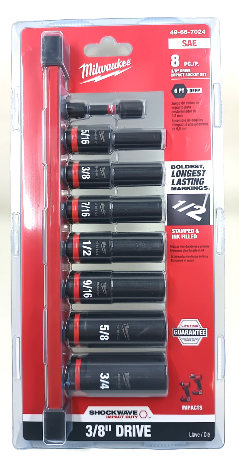 Milwaukee SHOCKWAVE 3/8″ Drive SAE 6 Point Impact Socket Set – 8PC 49-66-7024