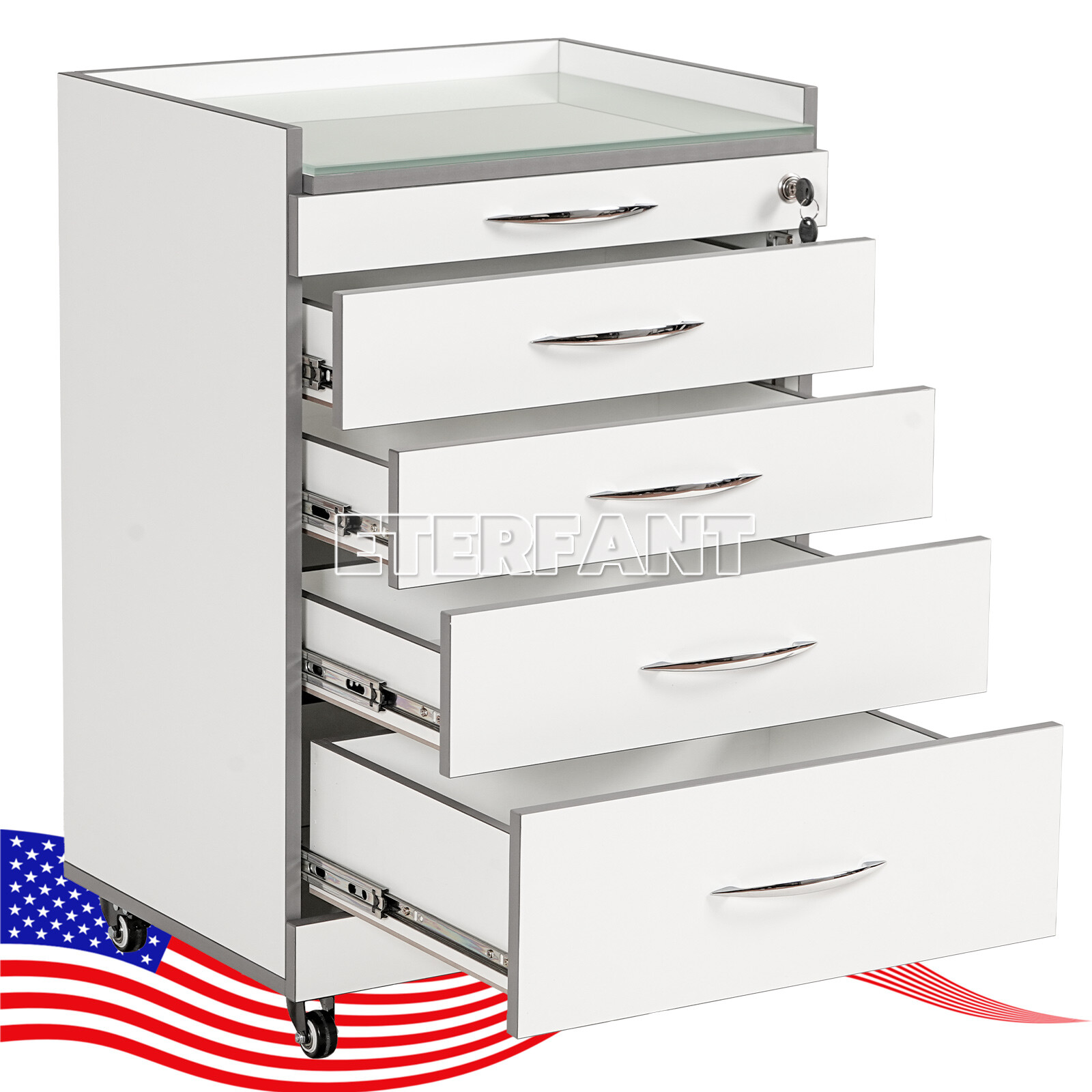 Dental Cabinet Rolling Medical Trolley Mobile Wooden Cart With Socket 4 Drawers