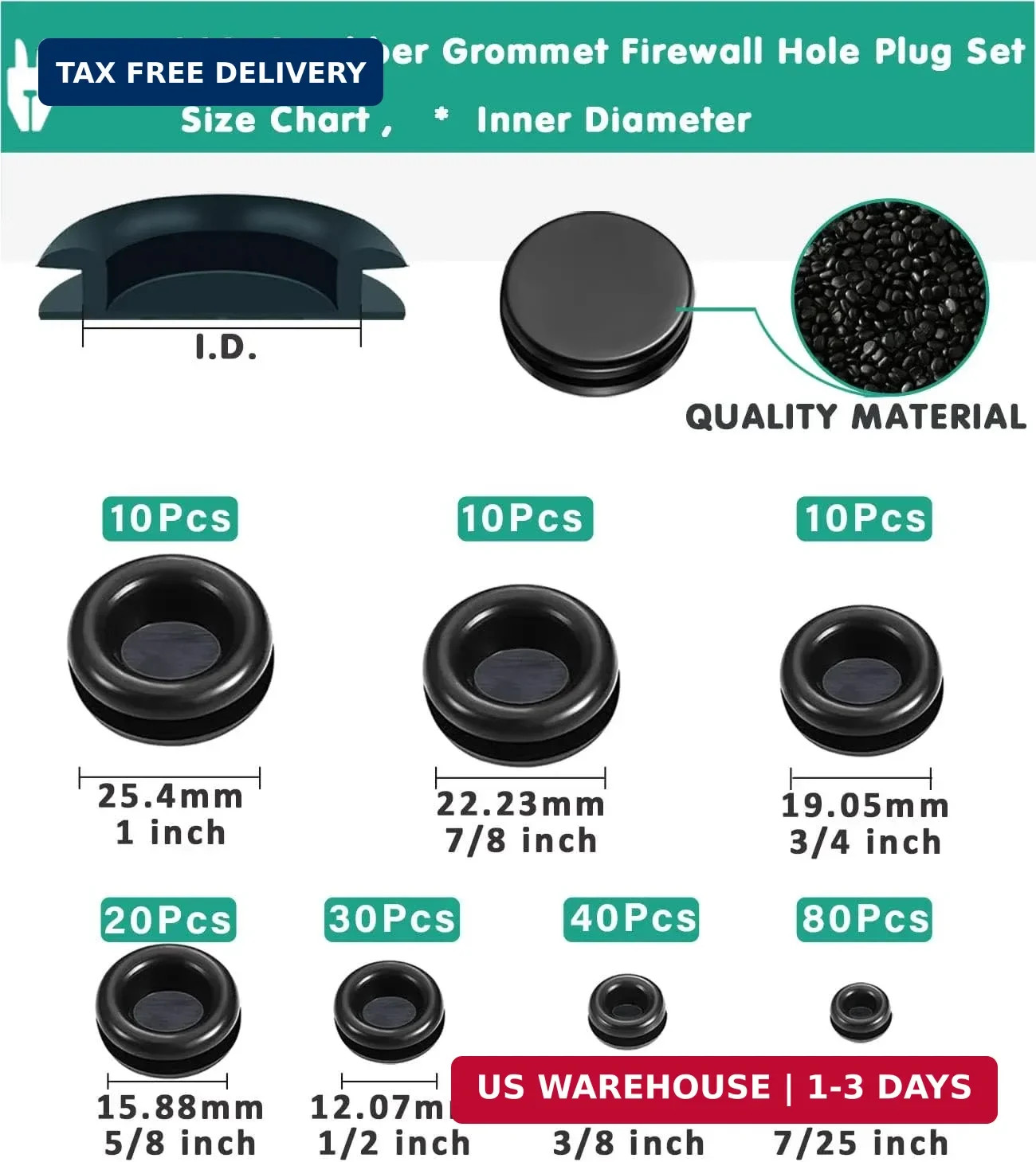 Rubber Grommet Kit 200 Pack – 7 Sizes Firewall Rubber Hole Plugs – Automotive, H