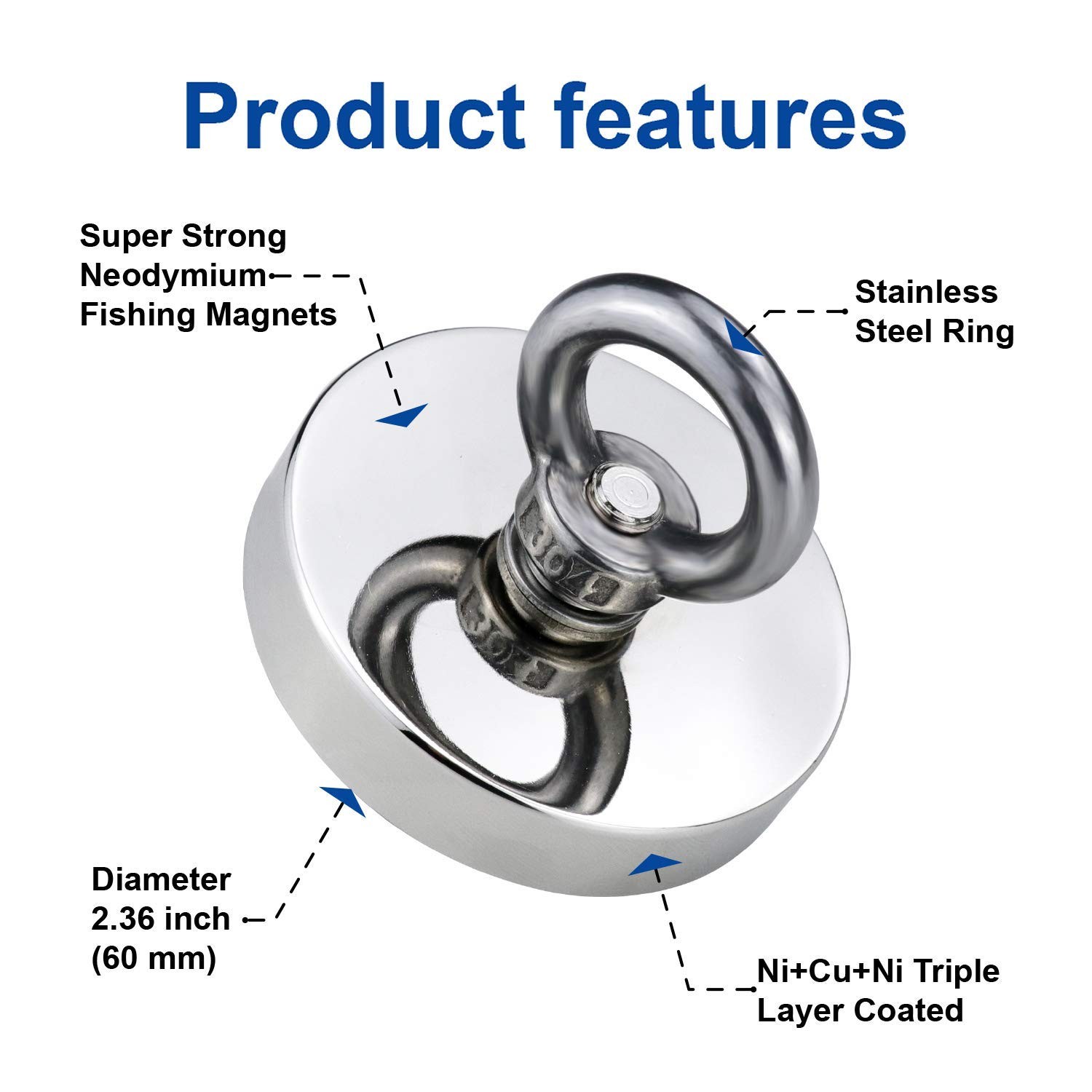 Fishing Magnet 500LB Neodymium Rare Earth Countersunk Eyebolt 2.36in Retrieval