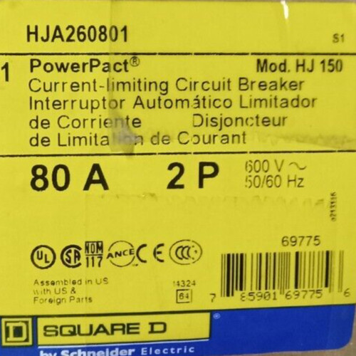 New Square D 80 Amp I-Line Circuit Breaker 2 Pole 600 VAC 250 VDC HJA260801