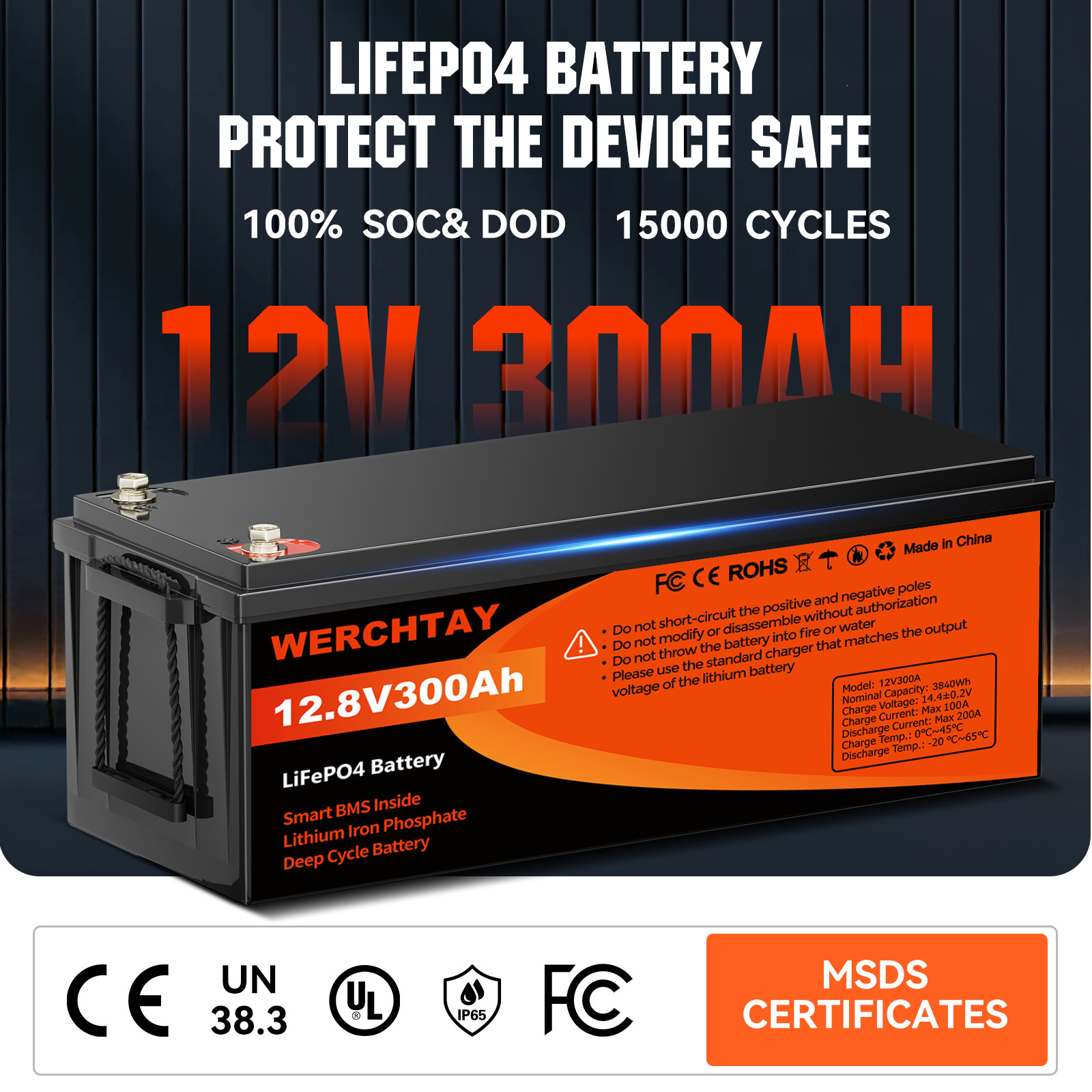 12V 300Ah Deep Cycle LiFePO4 Lithium Battery 200A BMS for RV Solar Boat Off-grid