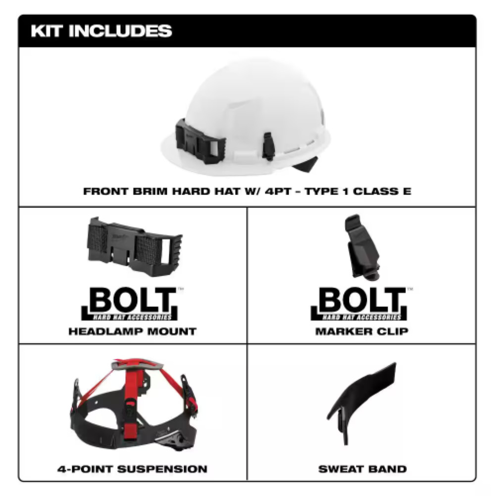 Milwaukee 48-73-1100 BOLT White Front Brim Hard Hat w/4pt Ratcheting Suspension