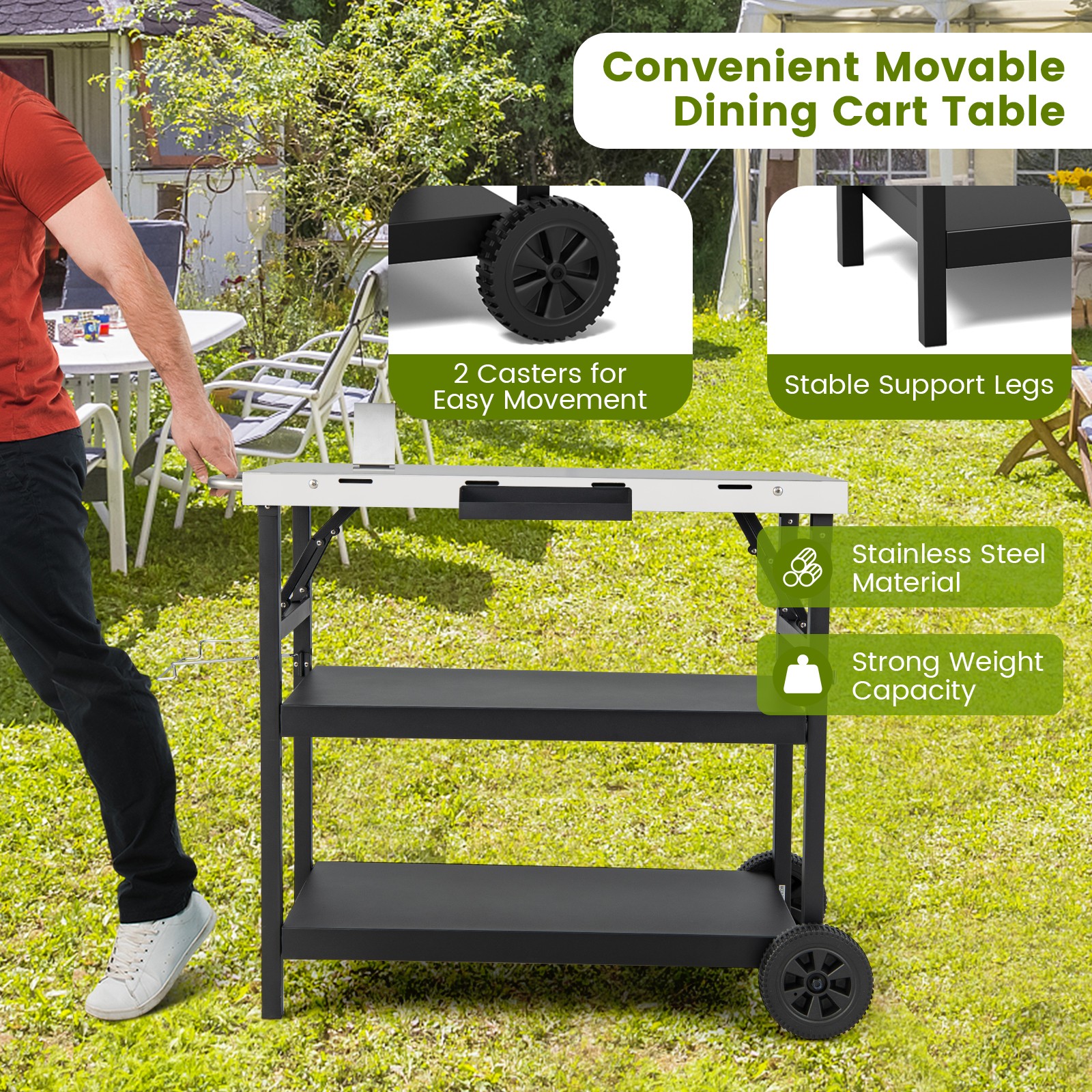 Costway 3-Shelf Movable Grill Cart Table Multifunctional Stainless Steel