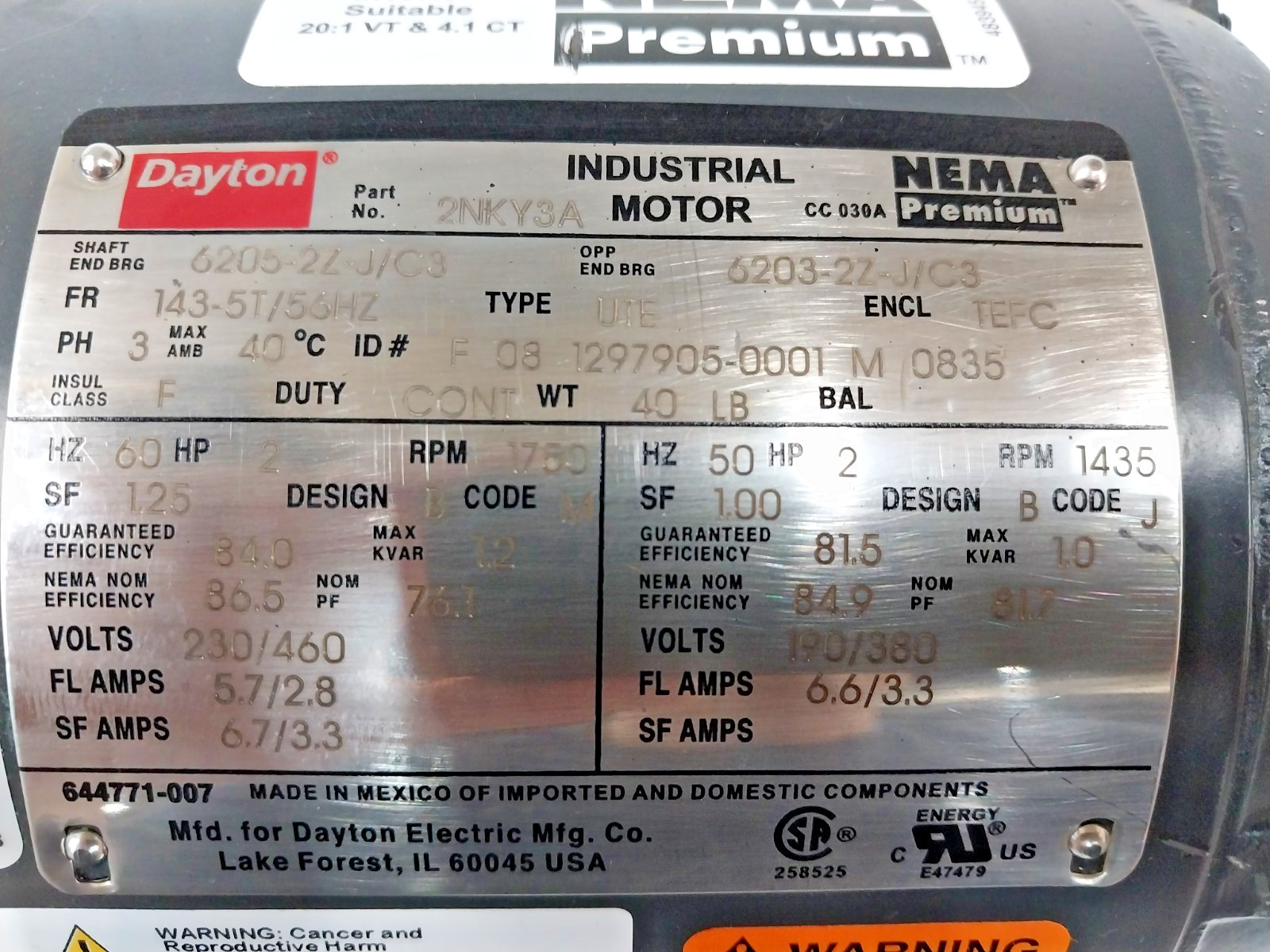 New Dayton 2 HP AC Electric Motor 143/5T Frame 1750 RPM 230/460 VAC 2NKY3A