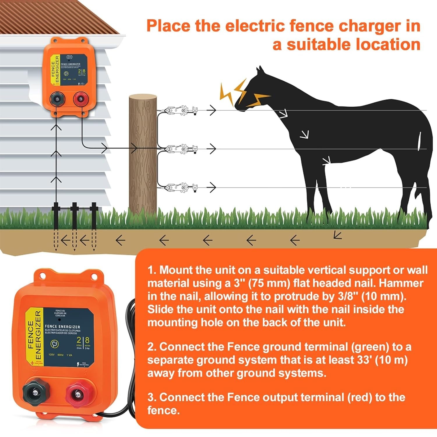 Electric Fence Charger 0.10 Joule Plug In 2 Mile 8 Acre Fence Energizer Livestoc