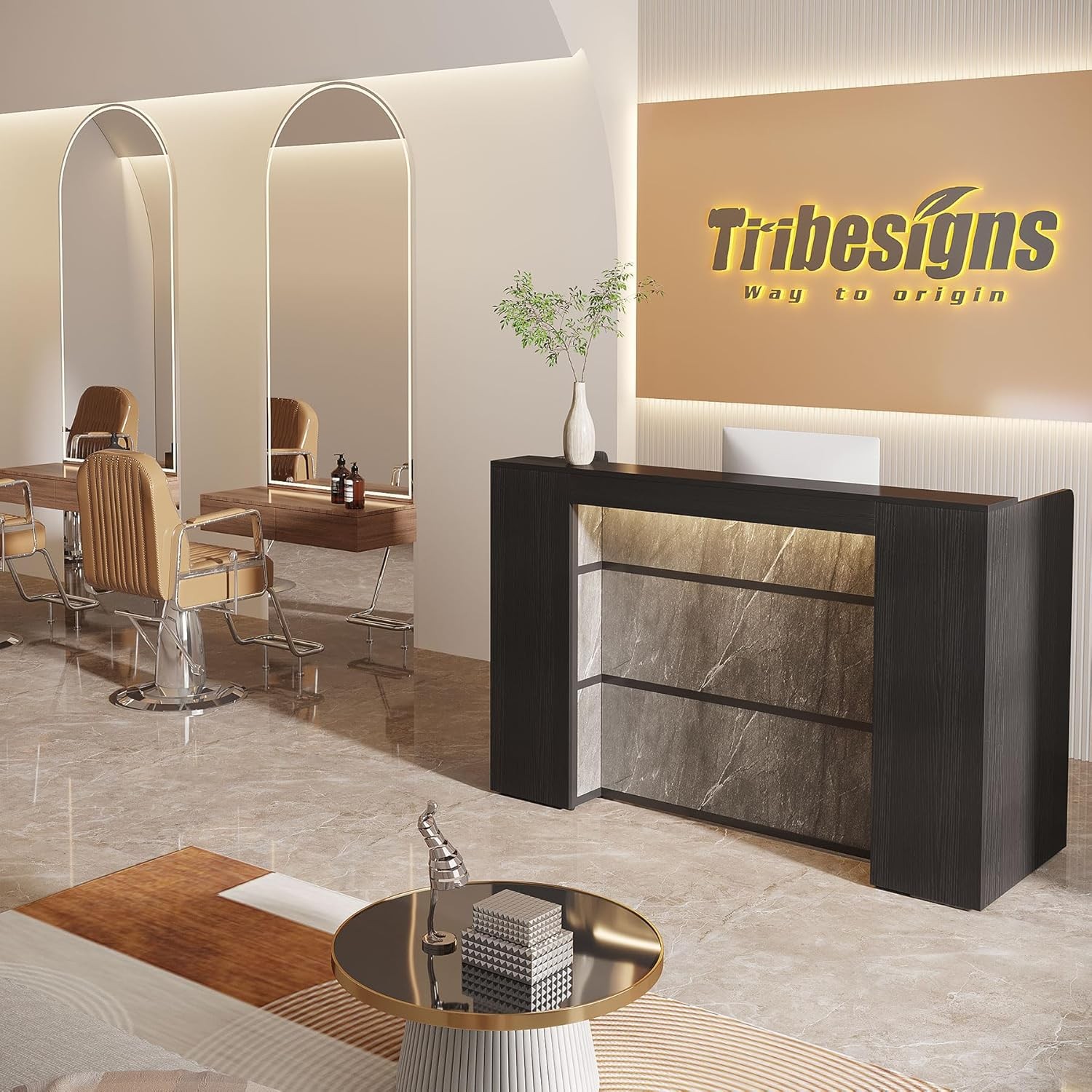 Reception Desk with LED Lights, 63-Inch Front Counter Desk for Checkout, Lobby