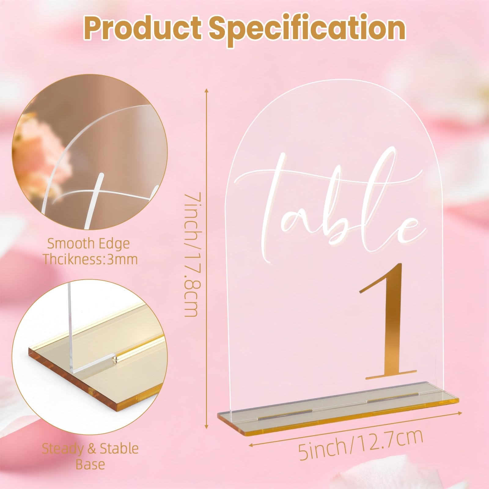110 Clear Acrylic Arch Wedding Table Numbers Signs Gold Font Set 5×7 Inch