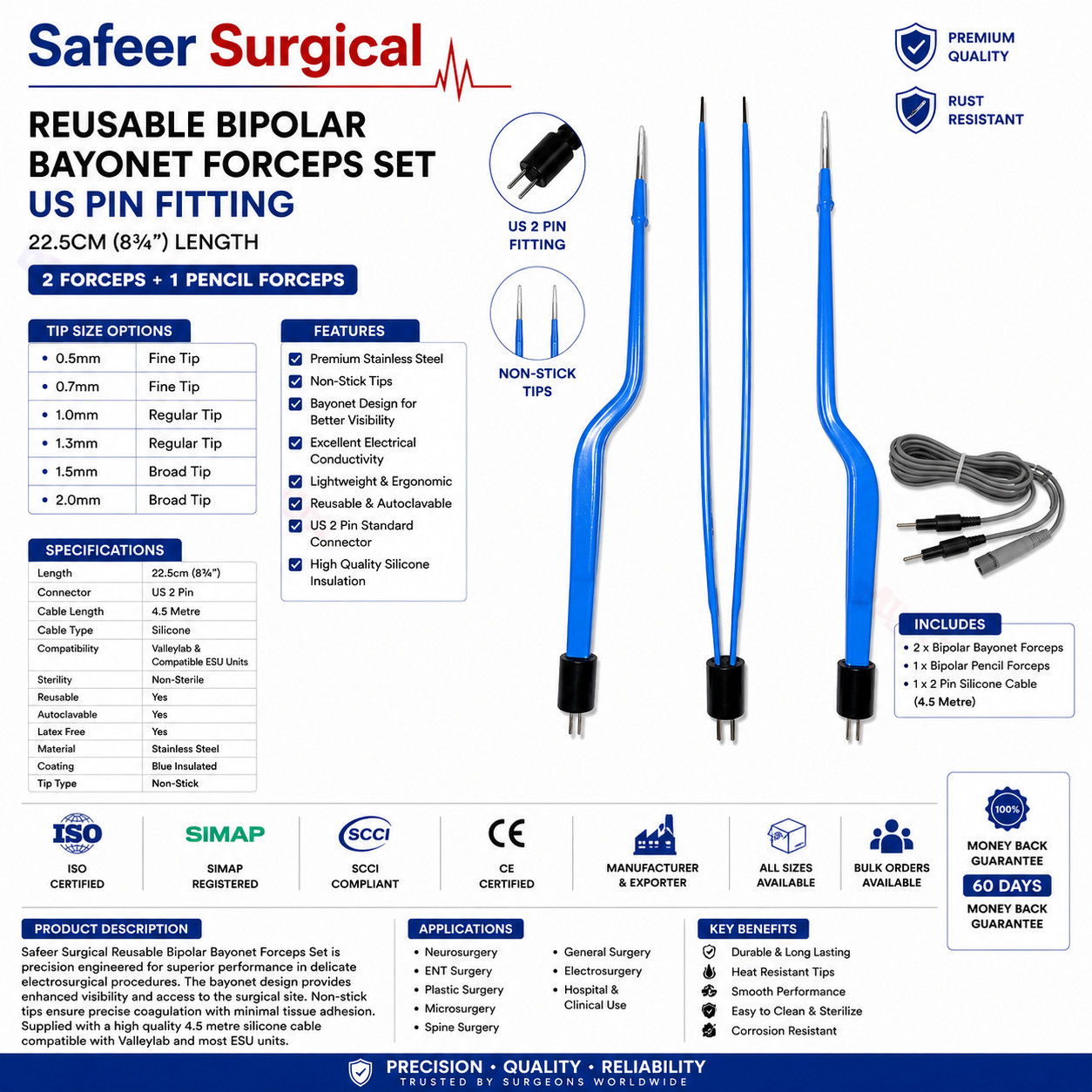 Reusable Bipolar Bayonet Forceps 2Pin Cable Non Stick Malleable 22.5cm 0.5-2.0mm