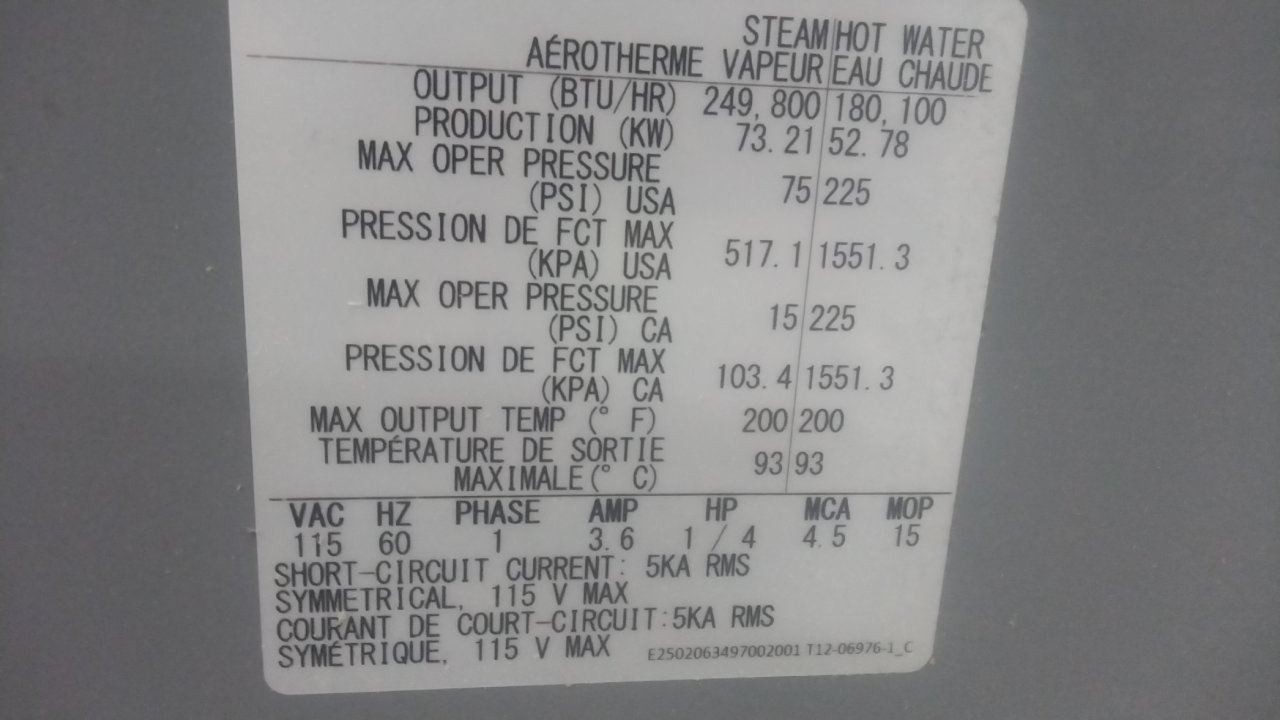 Dayton 5PV59 4180 CFM 120VAC 249,800 BtuH Hydronic Wall and Ceiling Unit Heater